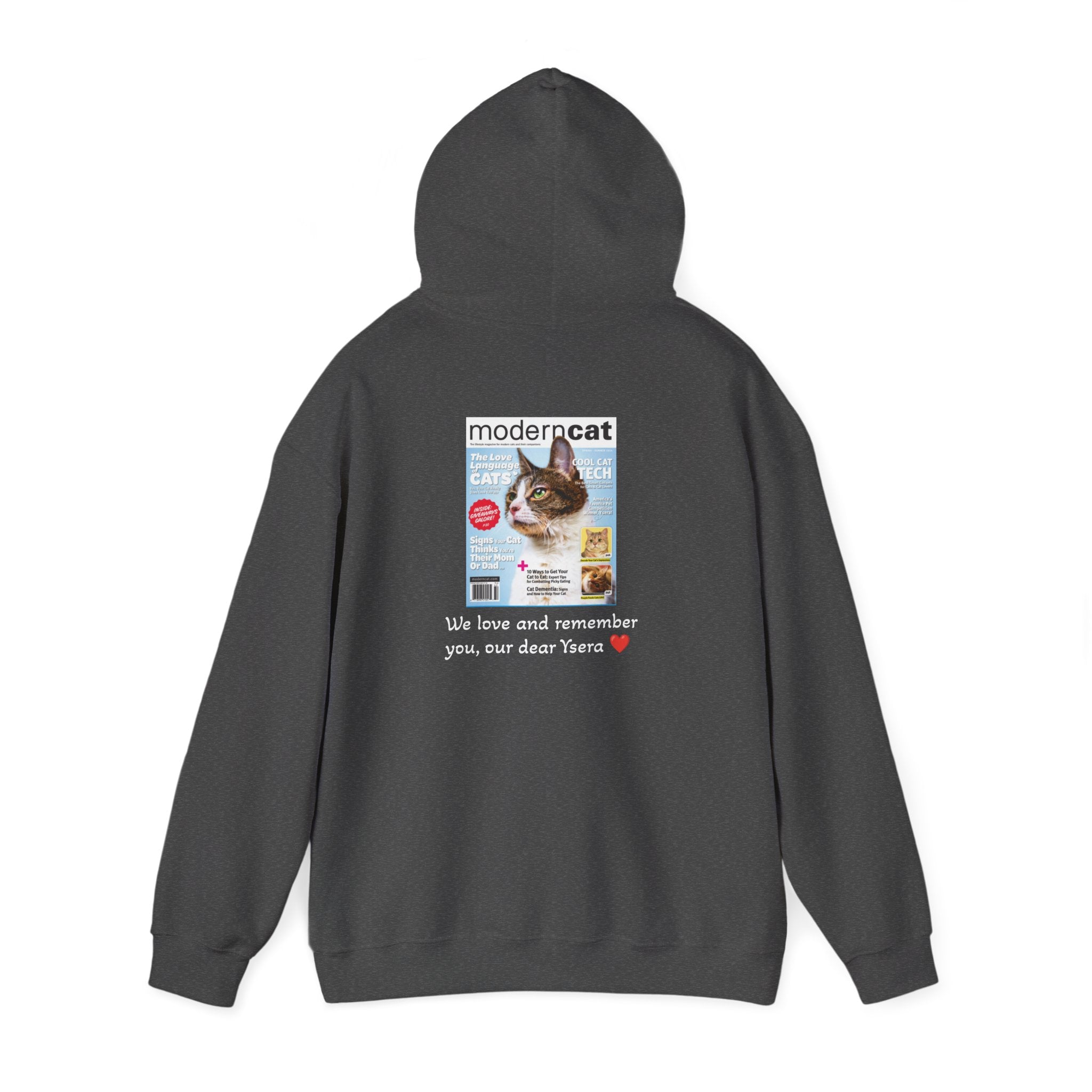 Gray hoodie with a printed design on the back featuring a cat and text.