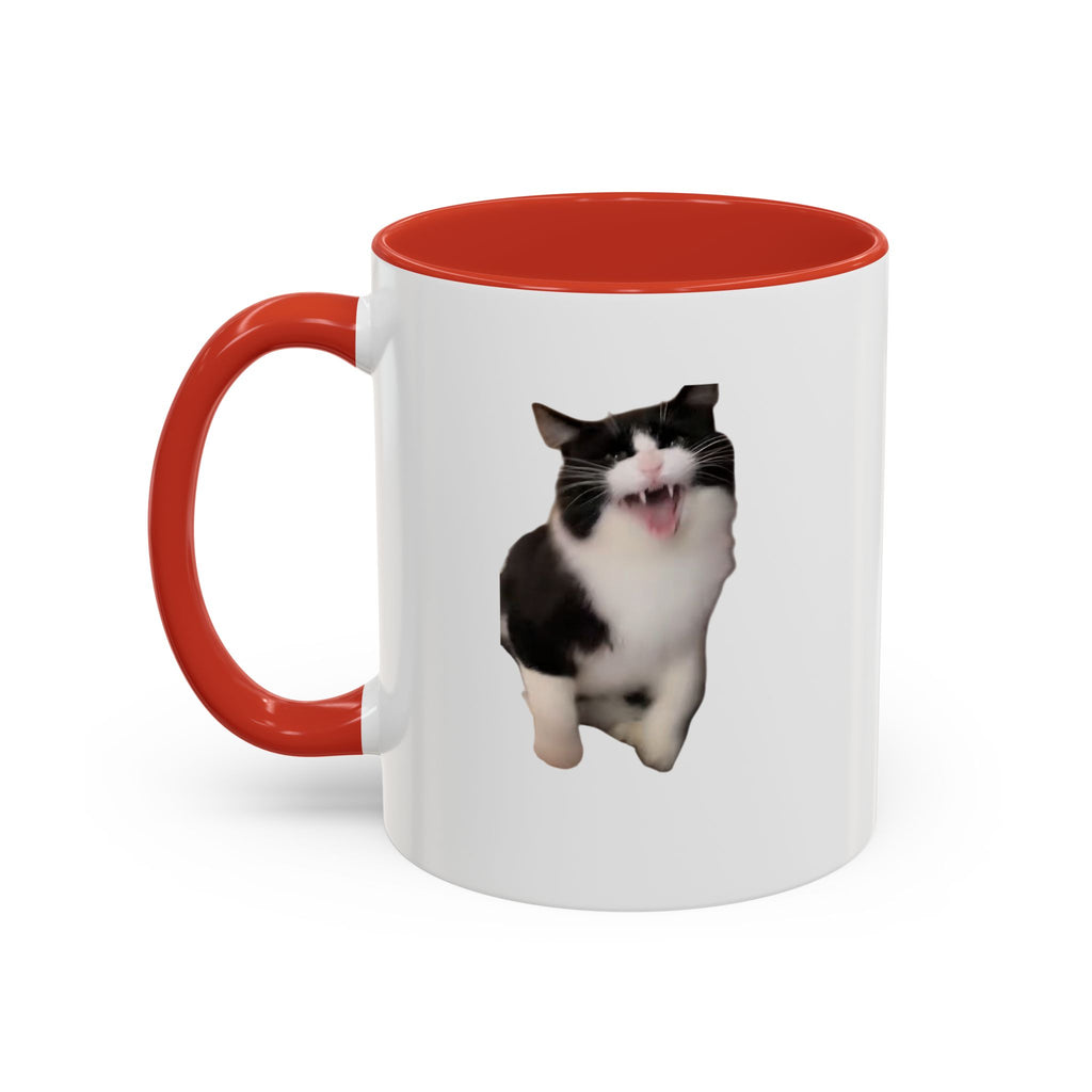 White mug with red interior and handle featuring a cat design on a white background