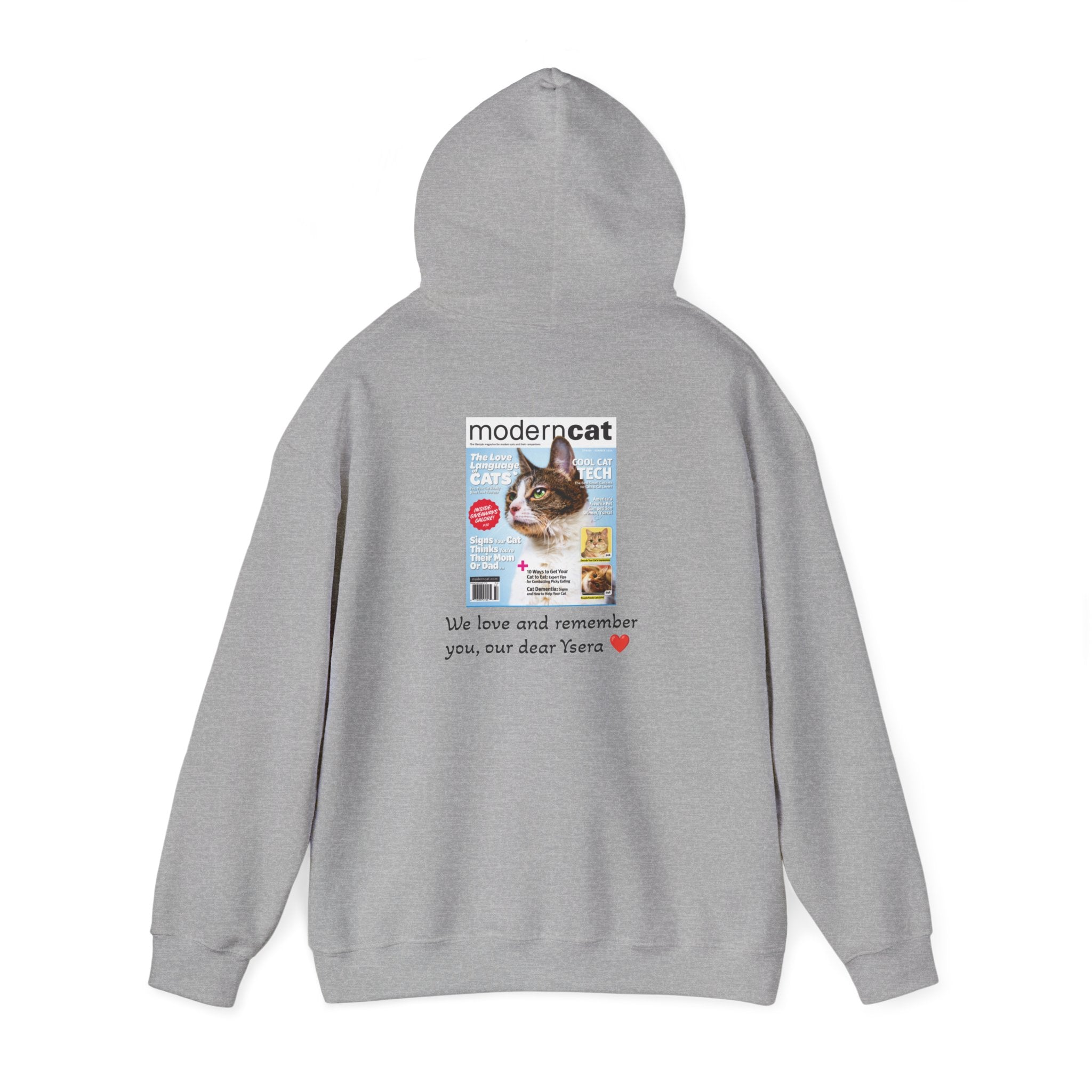 Gray hoodie with a 'modern cat' magazine cover design on the back