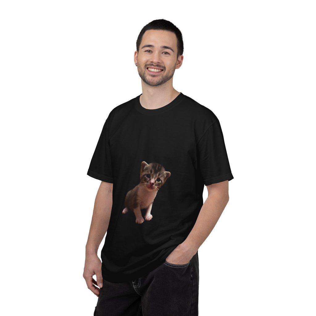 Man wearing a black t-shirt with a graphic of a small animal on a white background