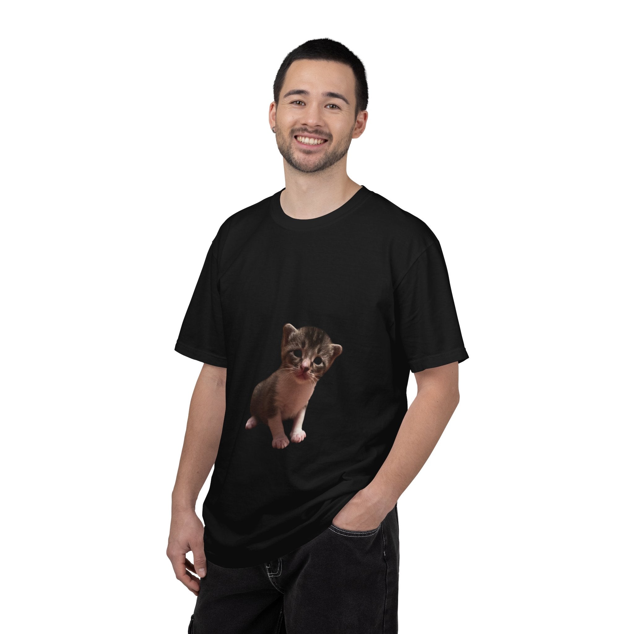 Man wearing a black t-shirt with a graphic of a small animal on a white background