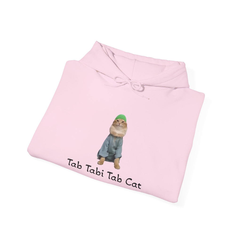 Pink hoodie with a cat graphic and text on a white background