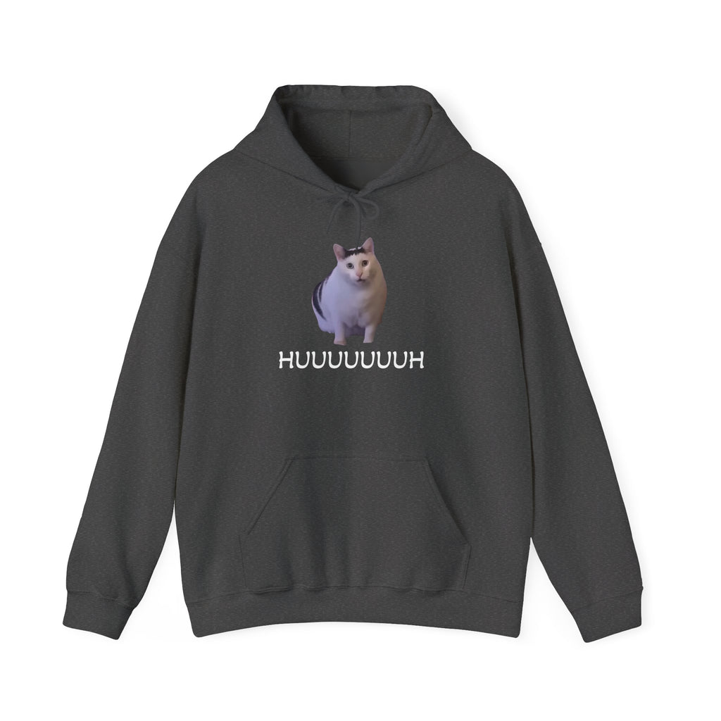 Dark gray hoodie with a cat graphic and text on a white background