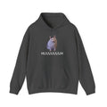 Dark gray hoodie with a cat graphic and text on a white background