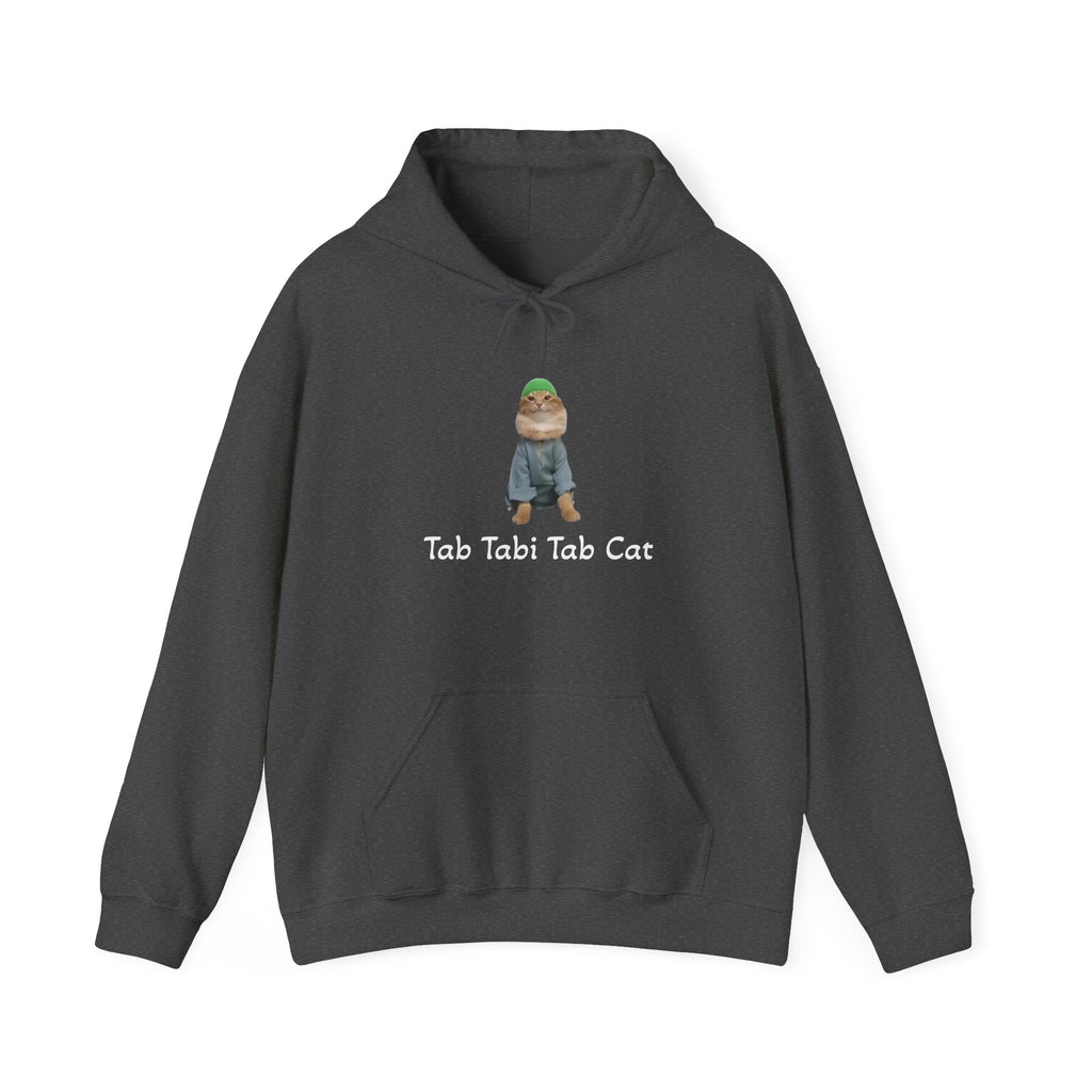 Dark gray hoodie with a graphic of a cat and text 'Tab Tabi Tab Cat' on a white background
