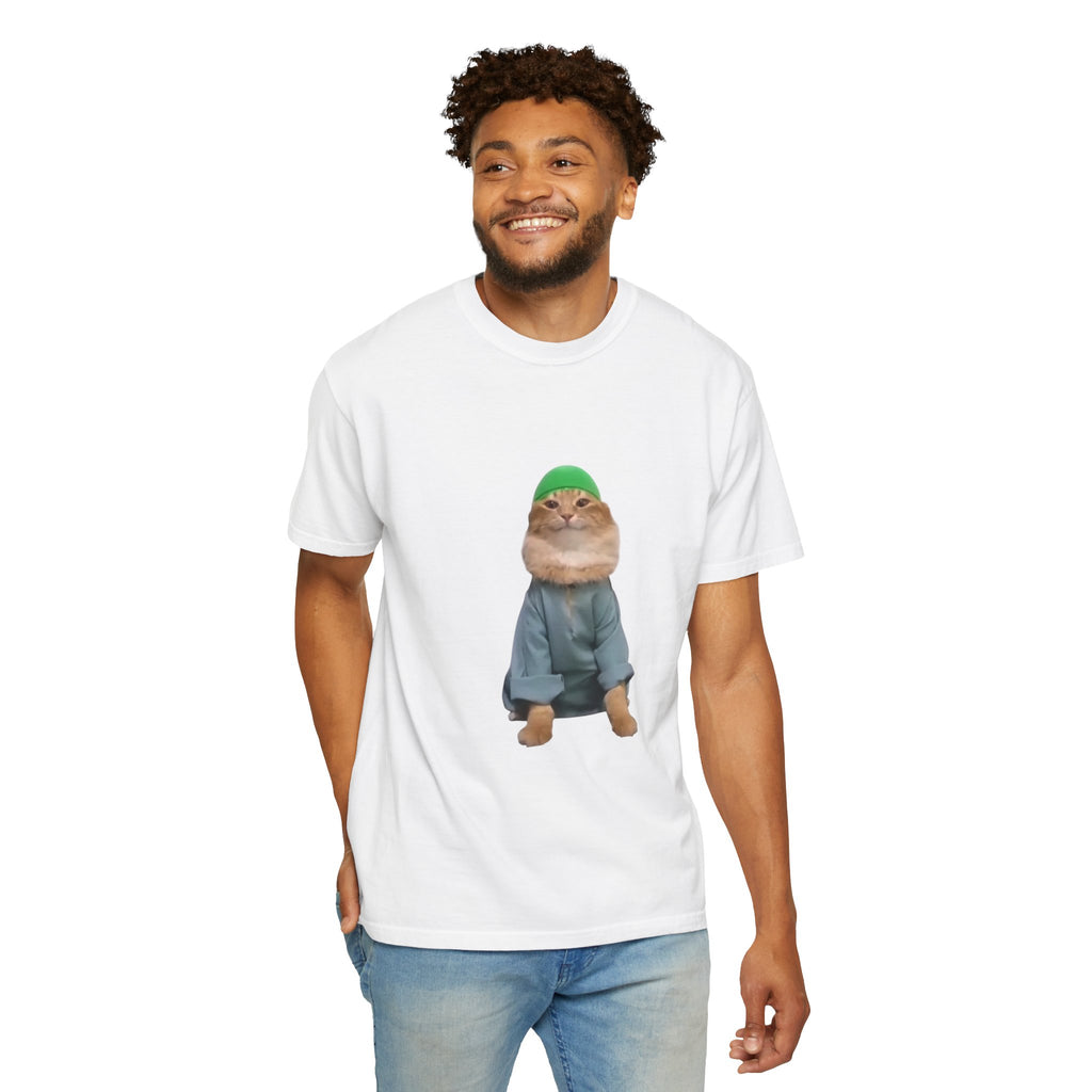Man wearing a white t-shirt with a graphic of a cat in a green hat and blue jacket on a white background