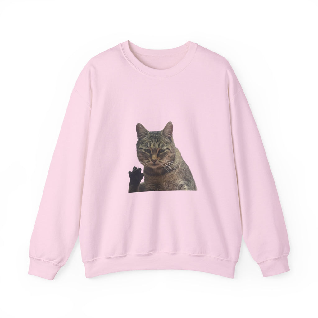 Pink sweatshirt with a cat graphic on a white background