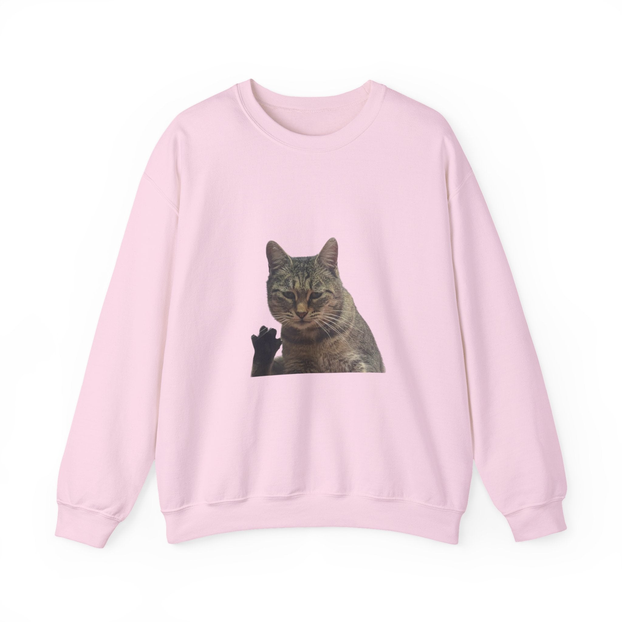 Pink sweatshirt with a cat graphic on a white background