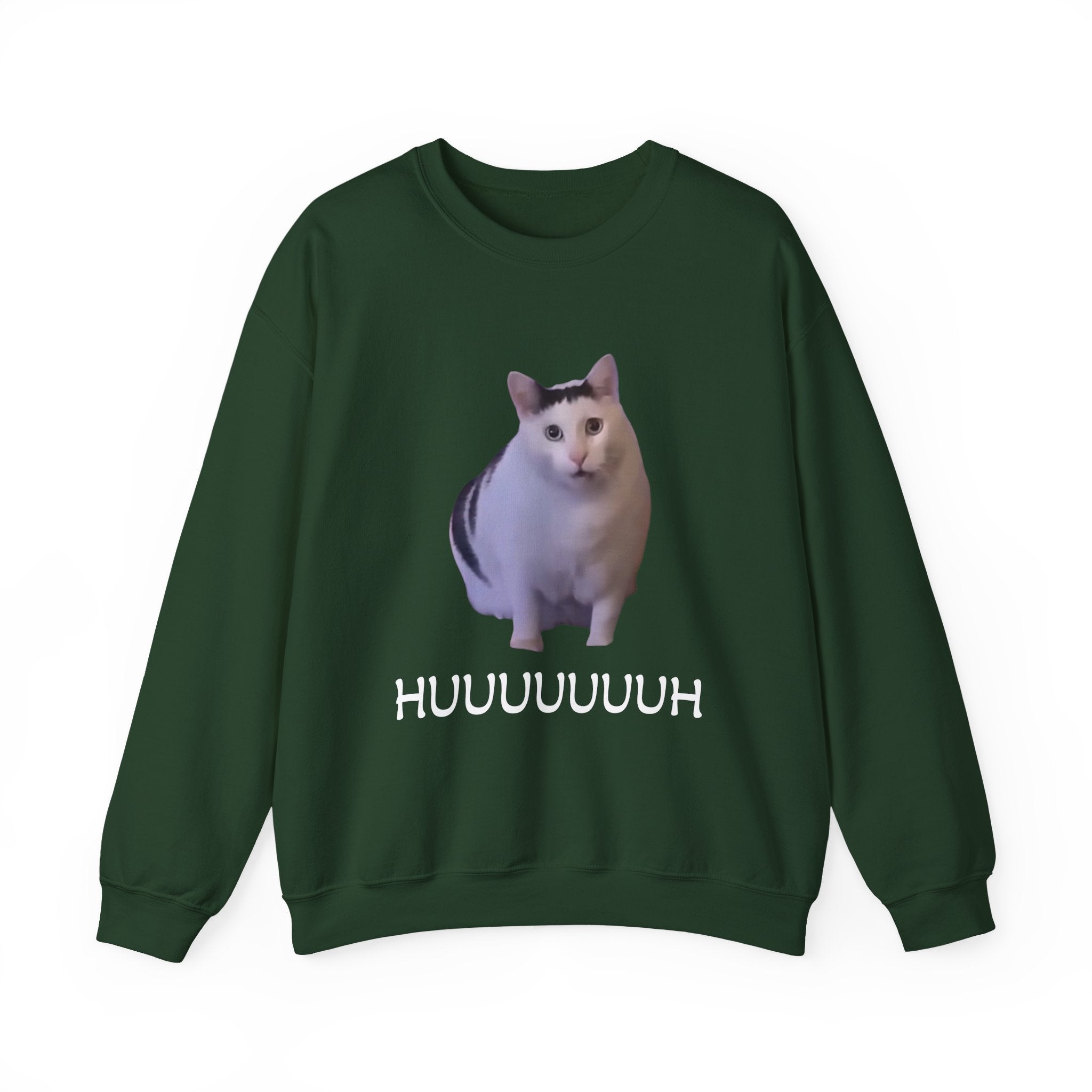Green sweatshirt with a cat graphic and 'HUUUUUUH' text on a white background