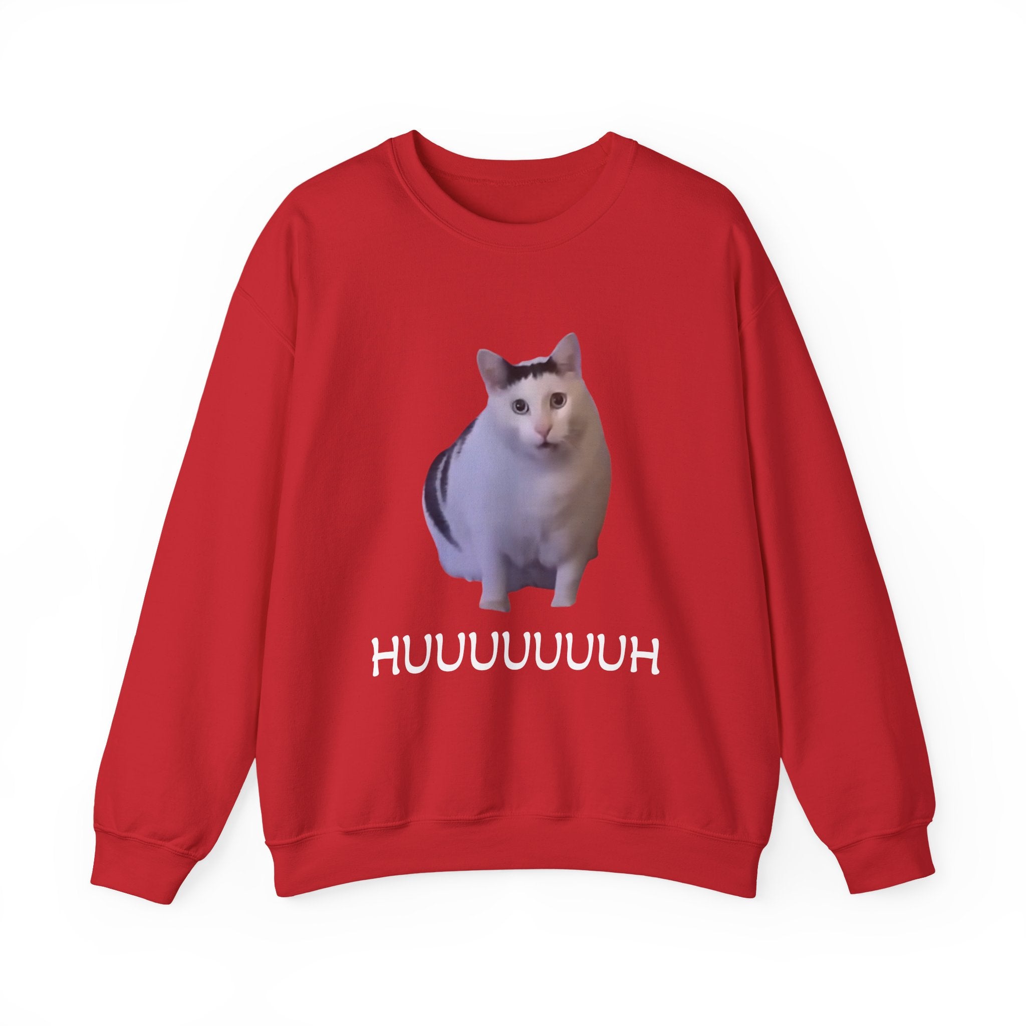 Red sweatshirt with a cat graphic and text on a white background