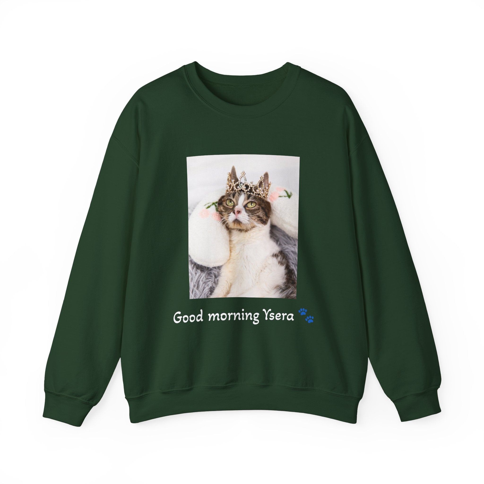 Green sweatshirt with a cat graphic and text on a white background