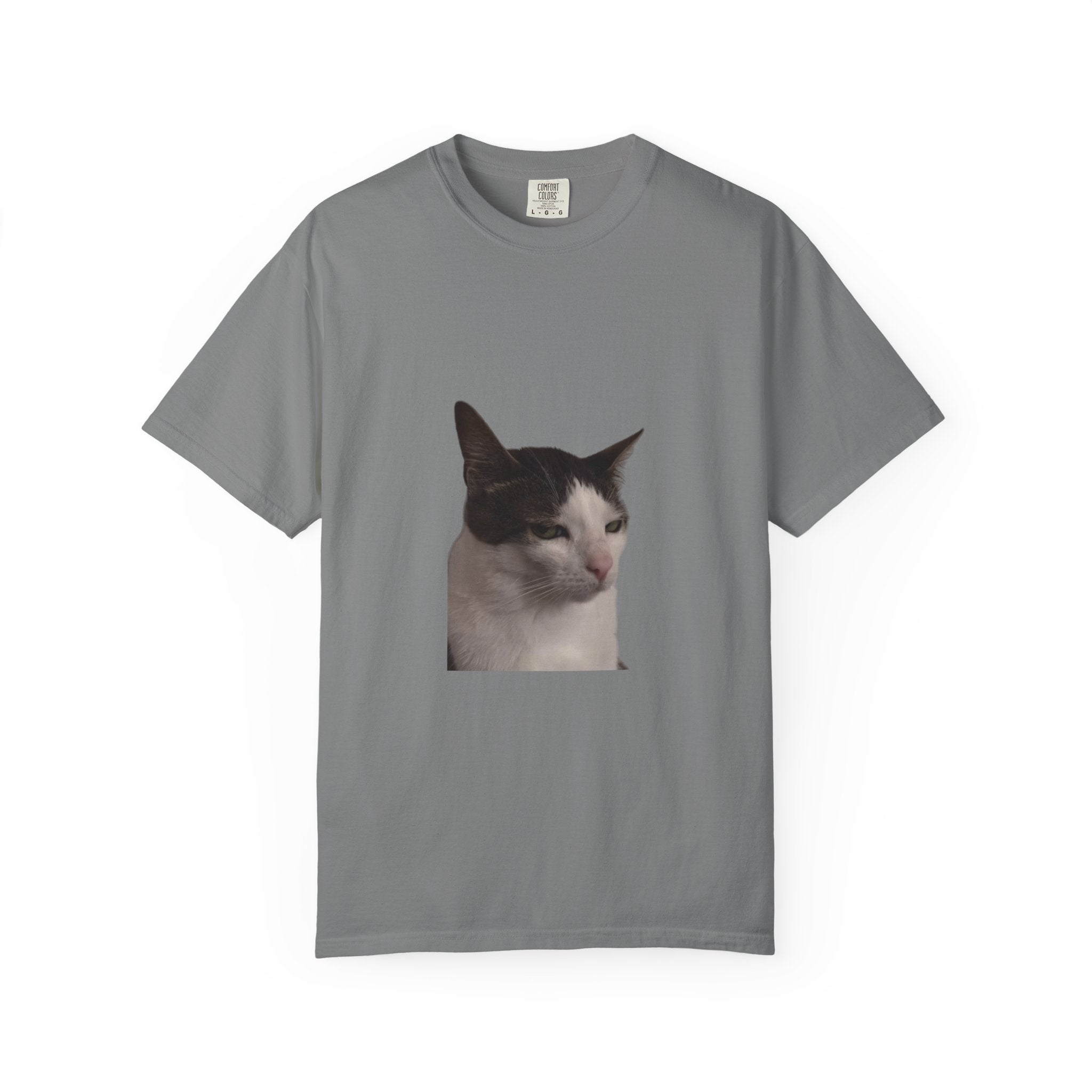 Gray t-shirt with a cat's face printed on it against a white background