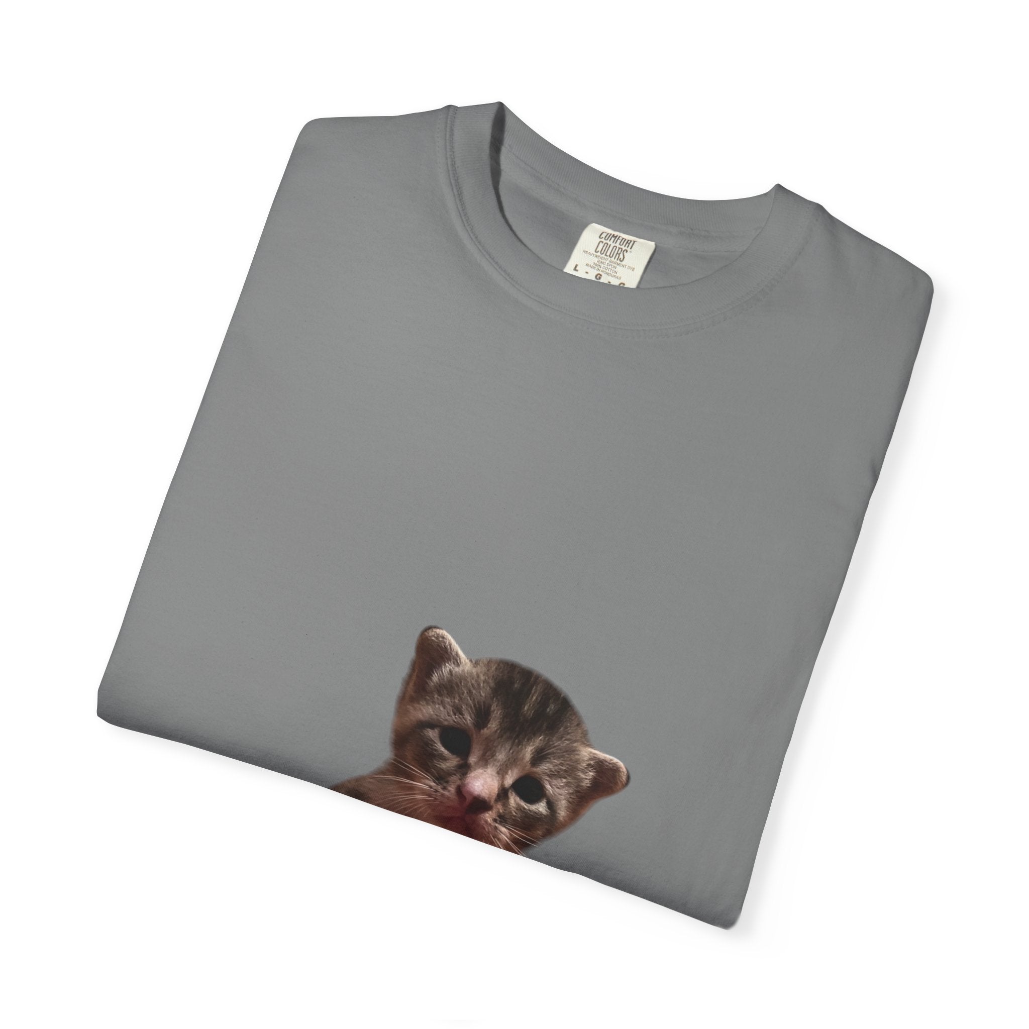 Folded gray t-shirt with a kitten print on a white background