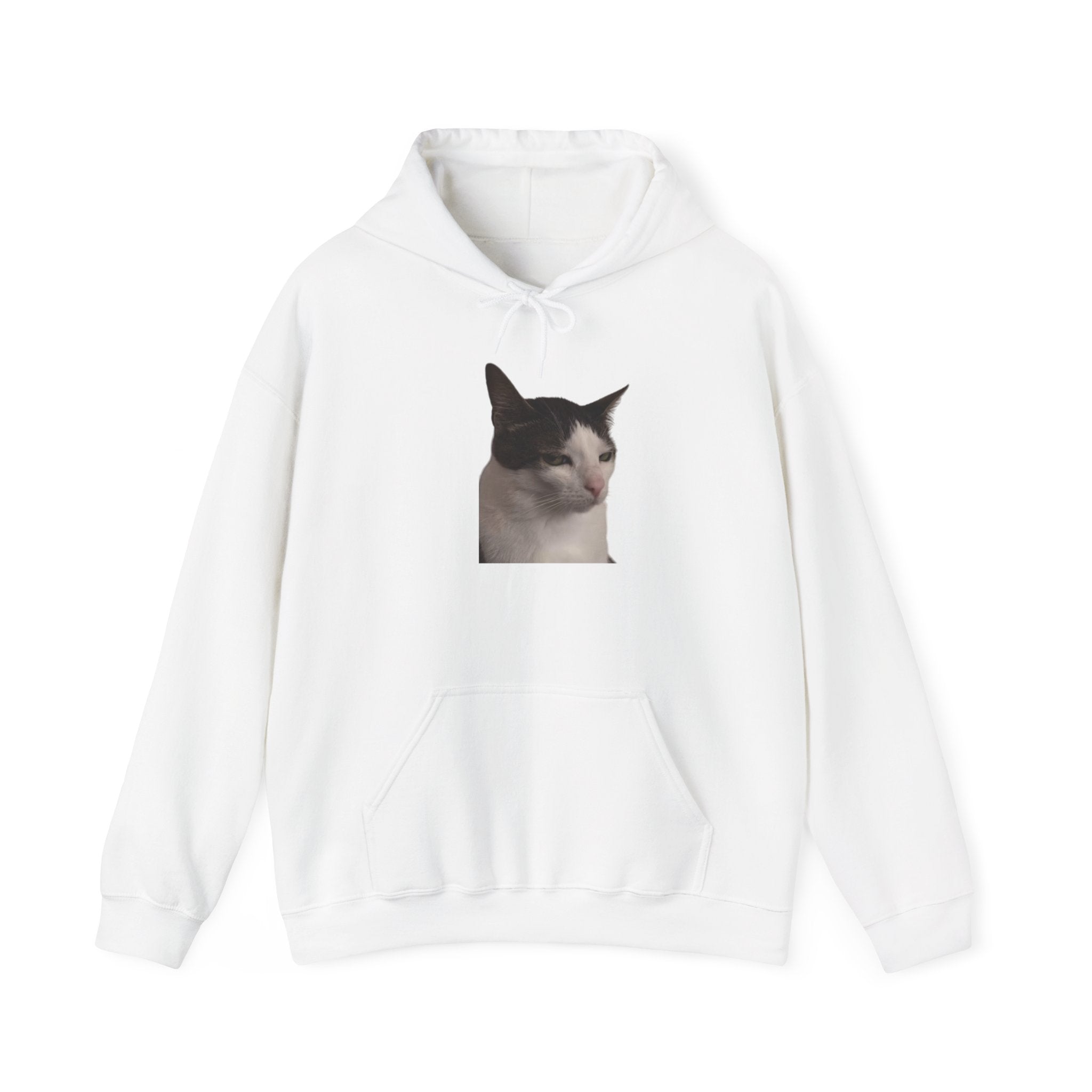 White hoodie with a cat face printed on the chest against a white background