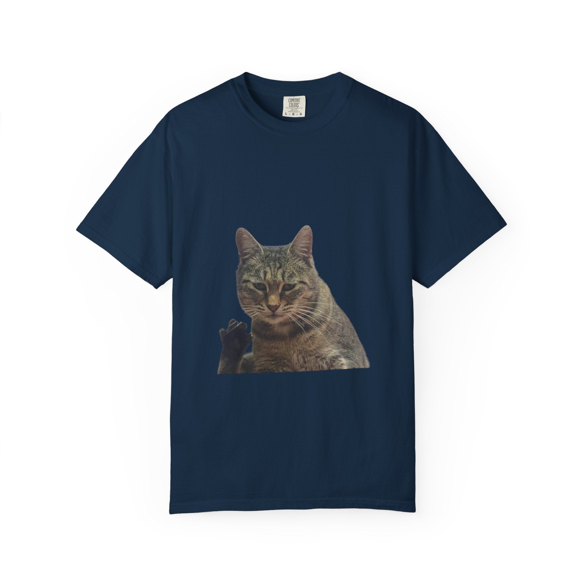 Navy blue t-shirt with a cat graphic on a white background