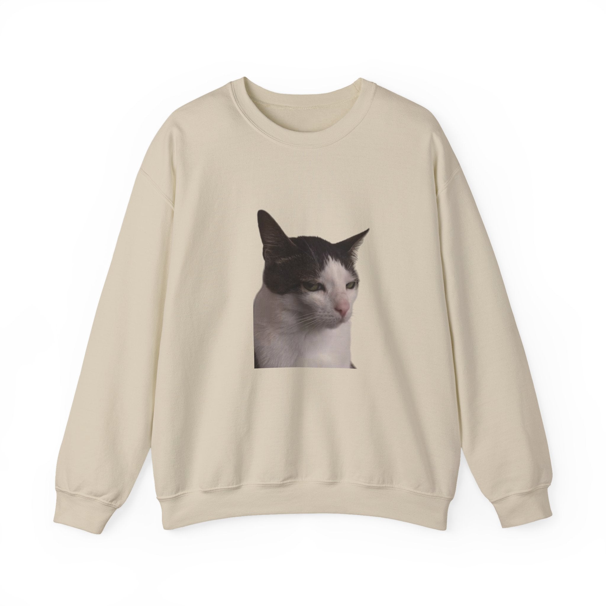 Beige sweatshirt with a cat graphic on a white background