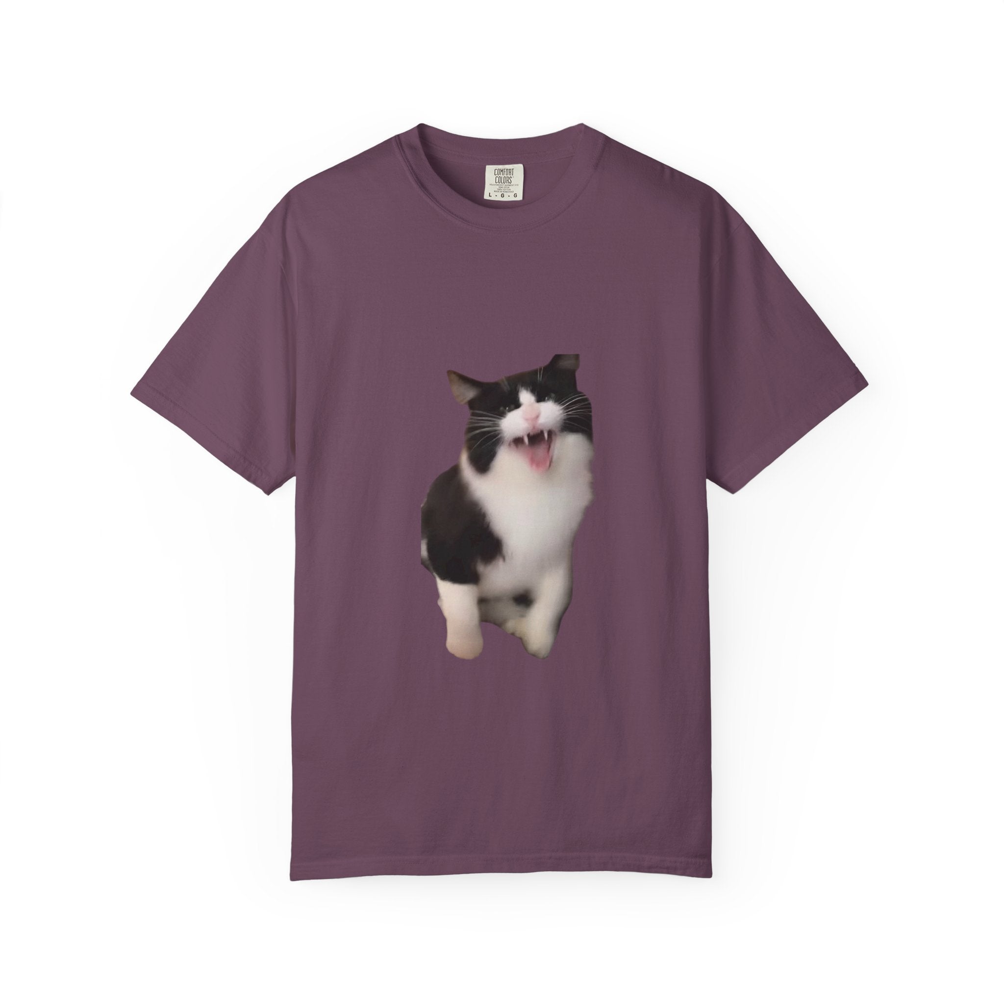 Purple t-shirt with a cat graphic on a white background