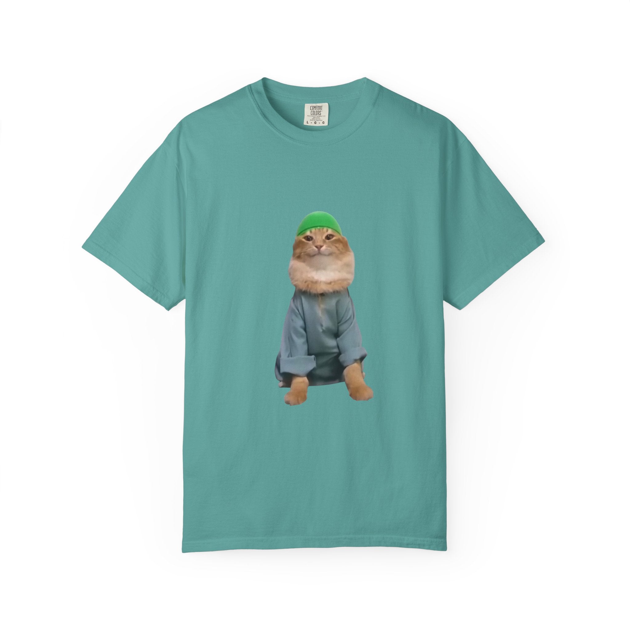 Teal t-shirt with a graphic of a cat wearing a green hat and blue jacket on a white background