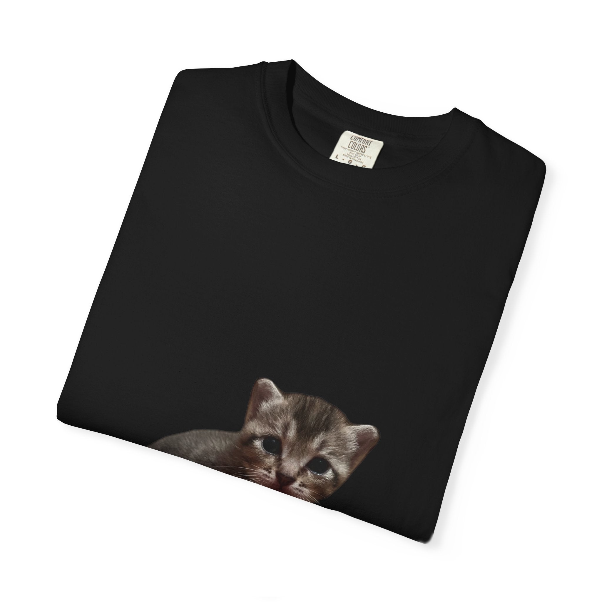 Black t-shirt with a kitten print on a white background