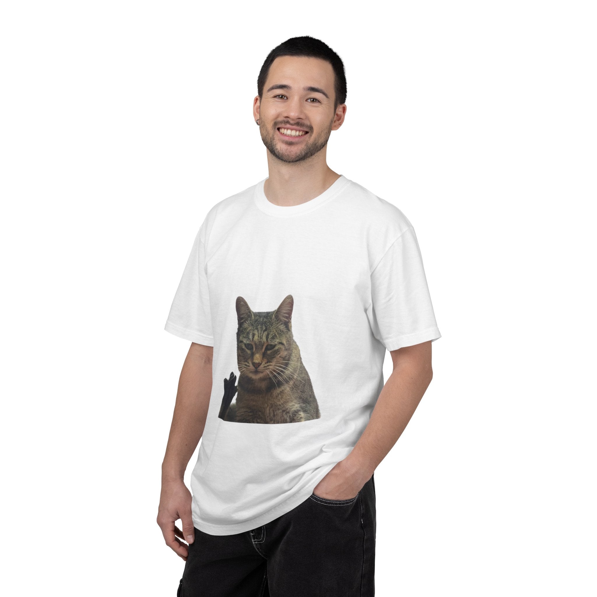 Man wearing a white t-shirt with a cat print on a white background