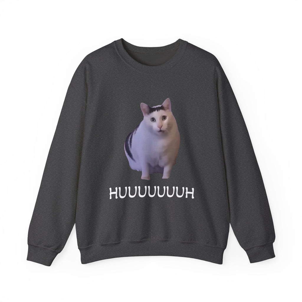 Dark gray sweatshirt with a cat graphic and 'HUUUUUUH' text on a white background
