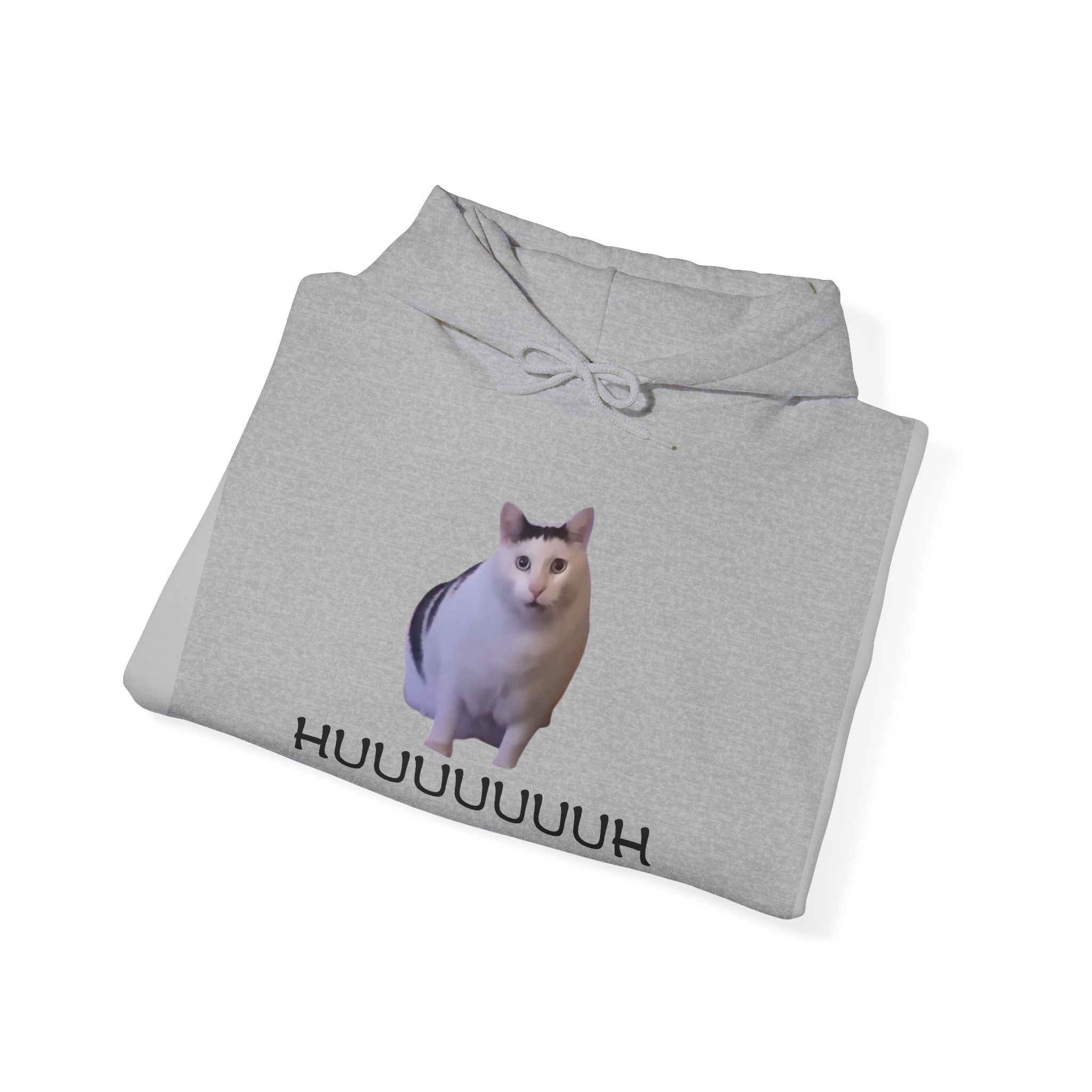 Folded gray hoodie with a cat graphic and text on a white background