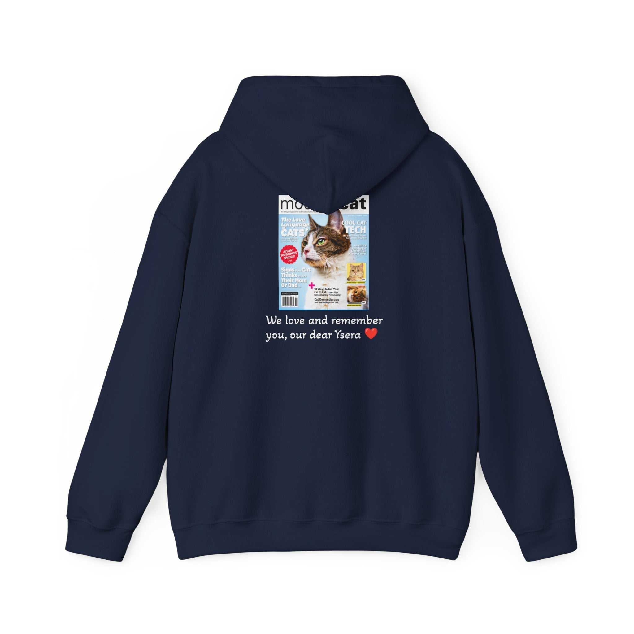 Navy blue hoodie with a printed design on the back featuring a cat and text.