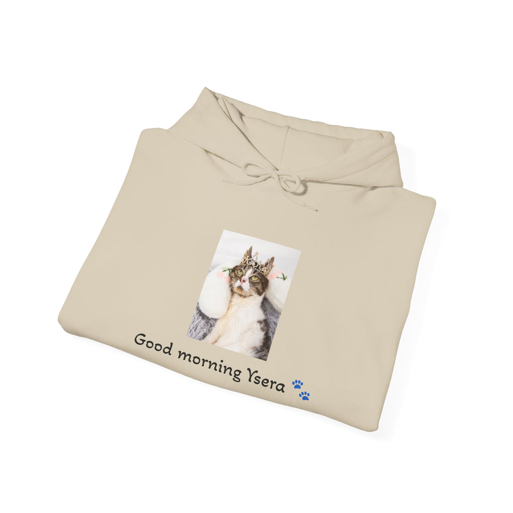 Beige hoodie with a cat graphic and text 'Good morning Ysera' on a white background