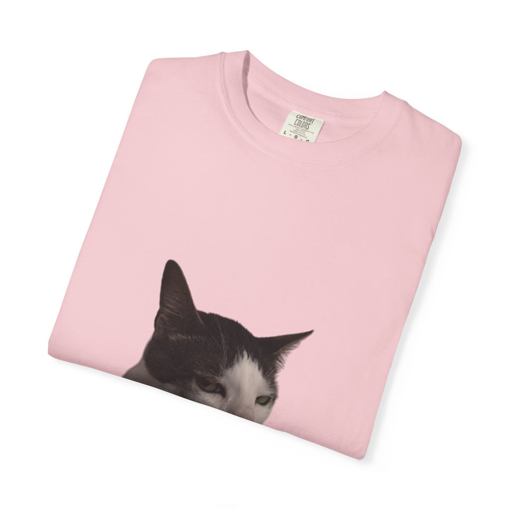 Folded pink t-shirt with a cat print on a white background