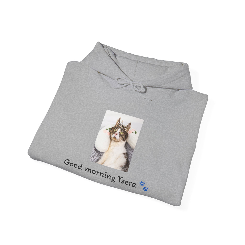 Folded gray hoodie with a cat photo and text on a white background