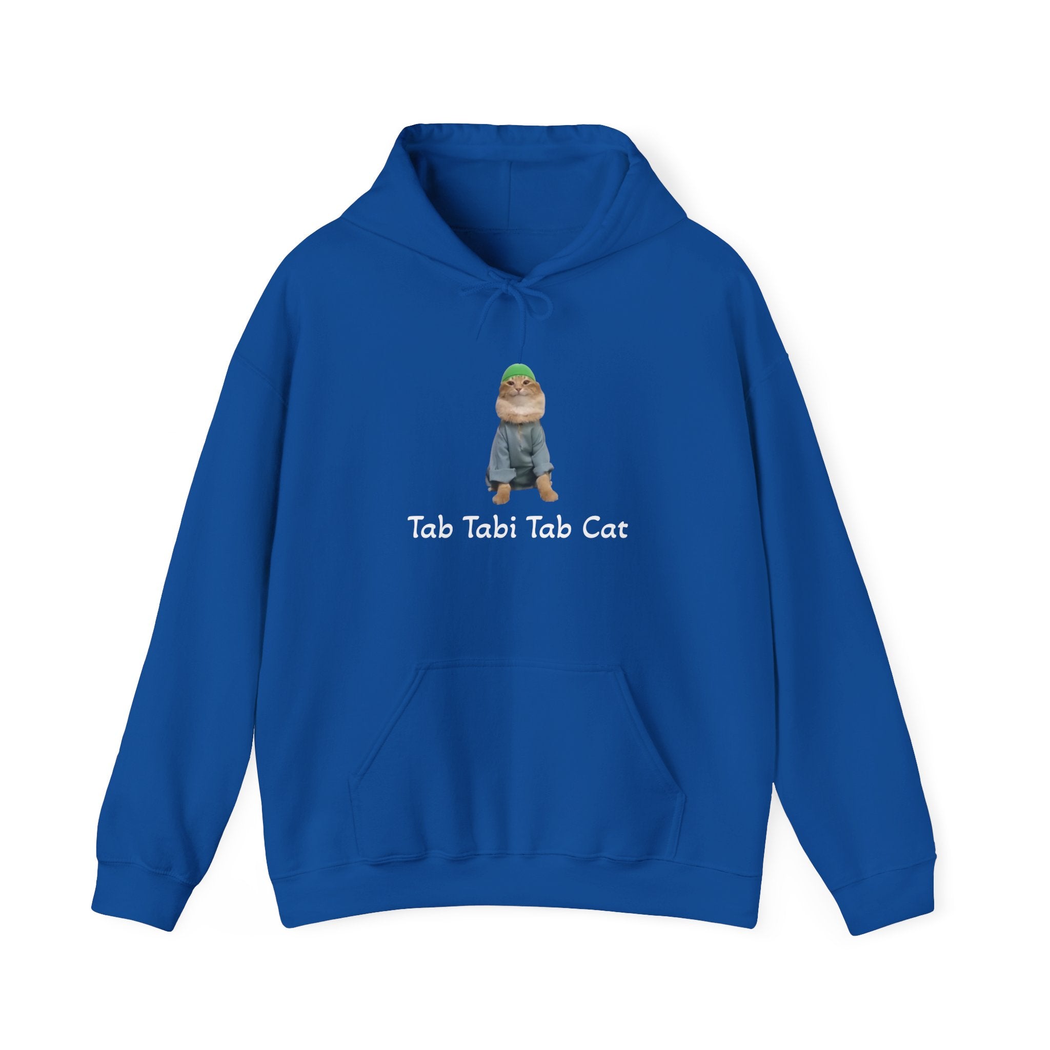 Blue hoodie with a graphic of a cat and text 'Tab Tabi Tab Cat' on a white background