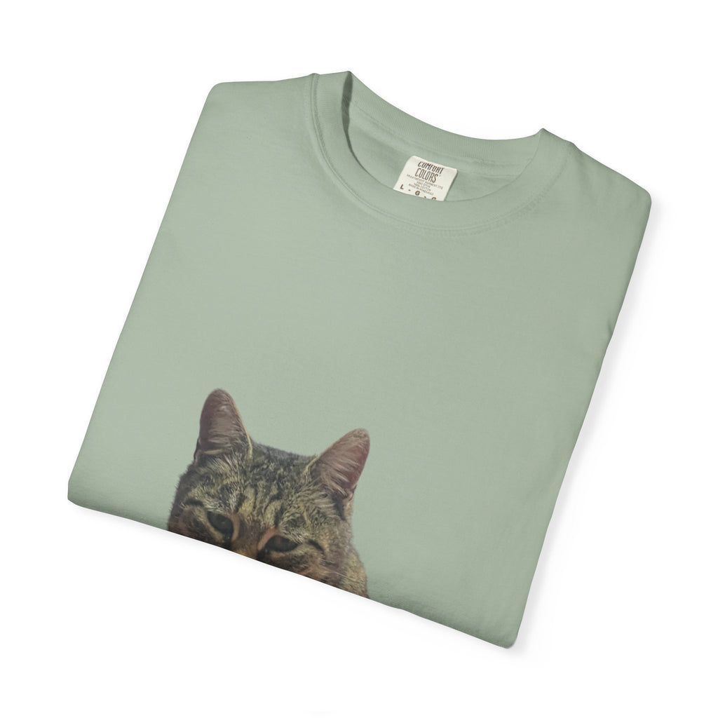 Folded green t-shirt with a cat's face print on a white background