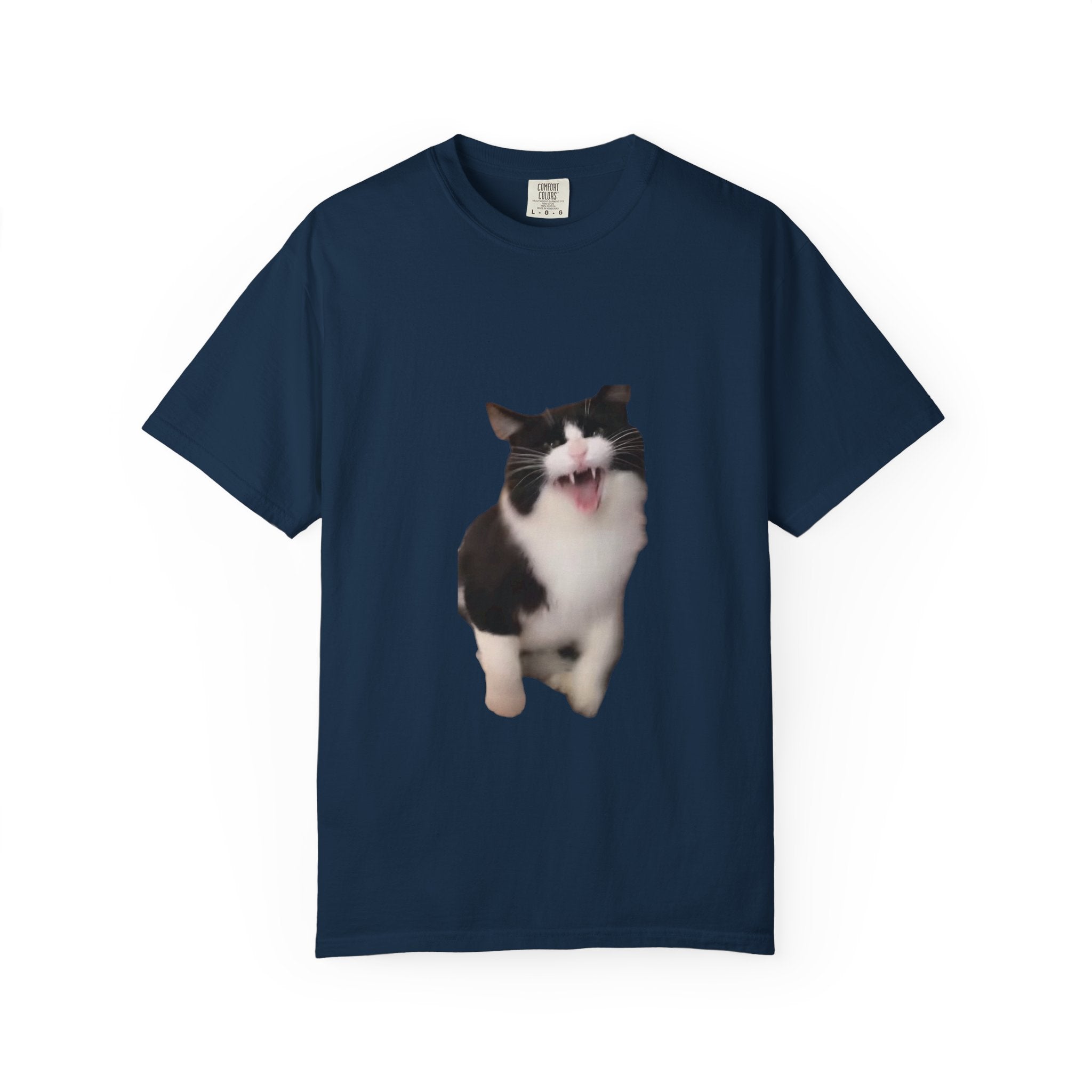 Navy blue t-shirt with a cat graphic on a white background
