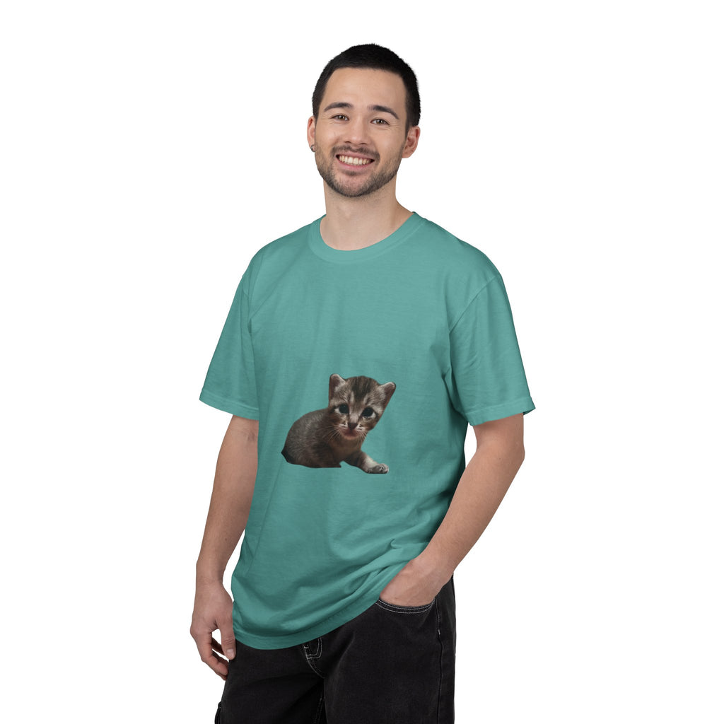 Man wearing a teal t-shirt with a cat graphic on a white background