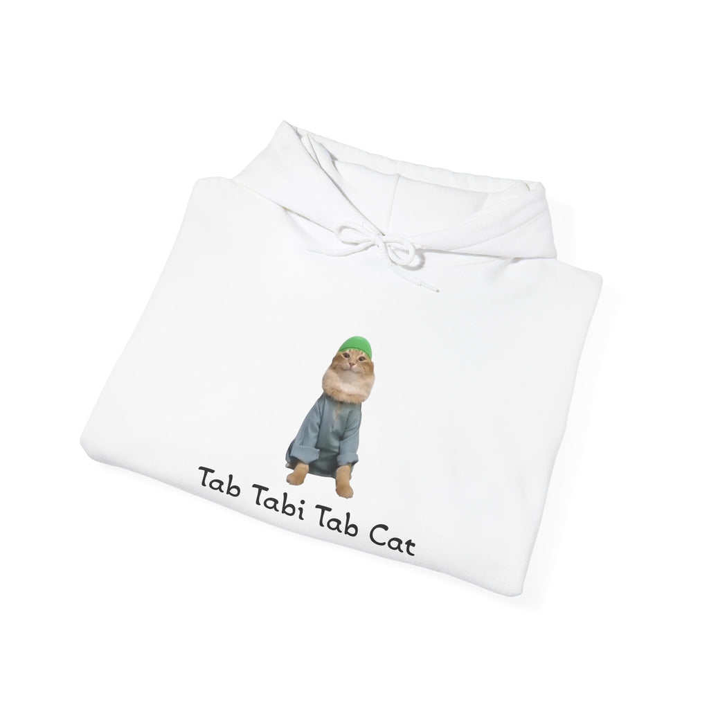 White hoodie with a graphic of a cat wearing a green beanie and text 'Tab Tabi Tab Cat' on a white background