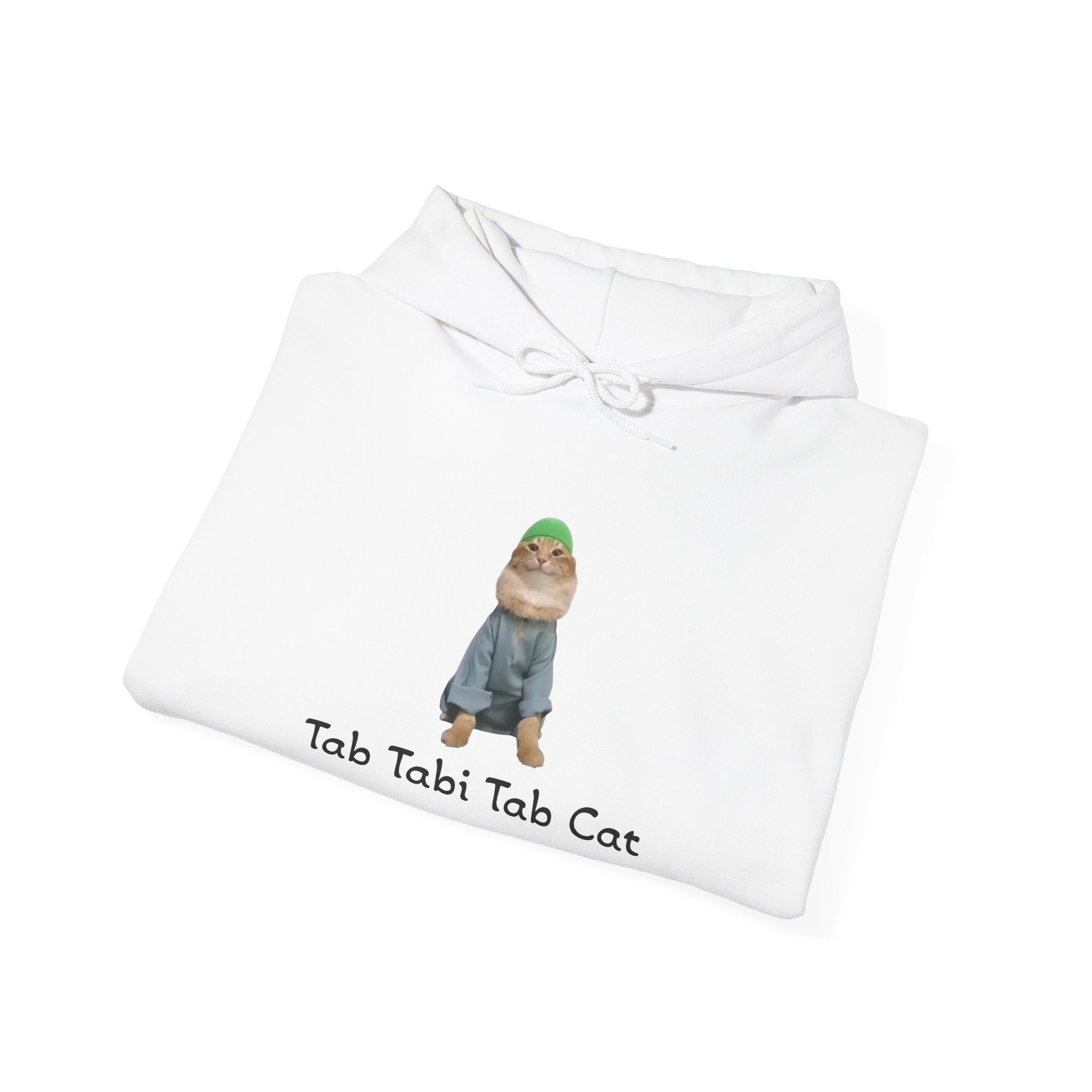 White hoodie with a graphic of a cat wearing a green beanie and text 'Tab Tabi Tab Cat' on a white background