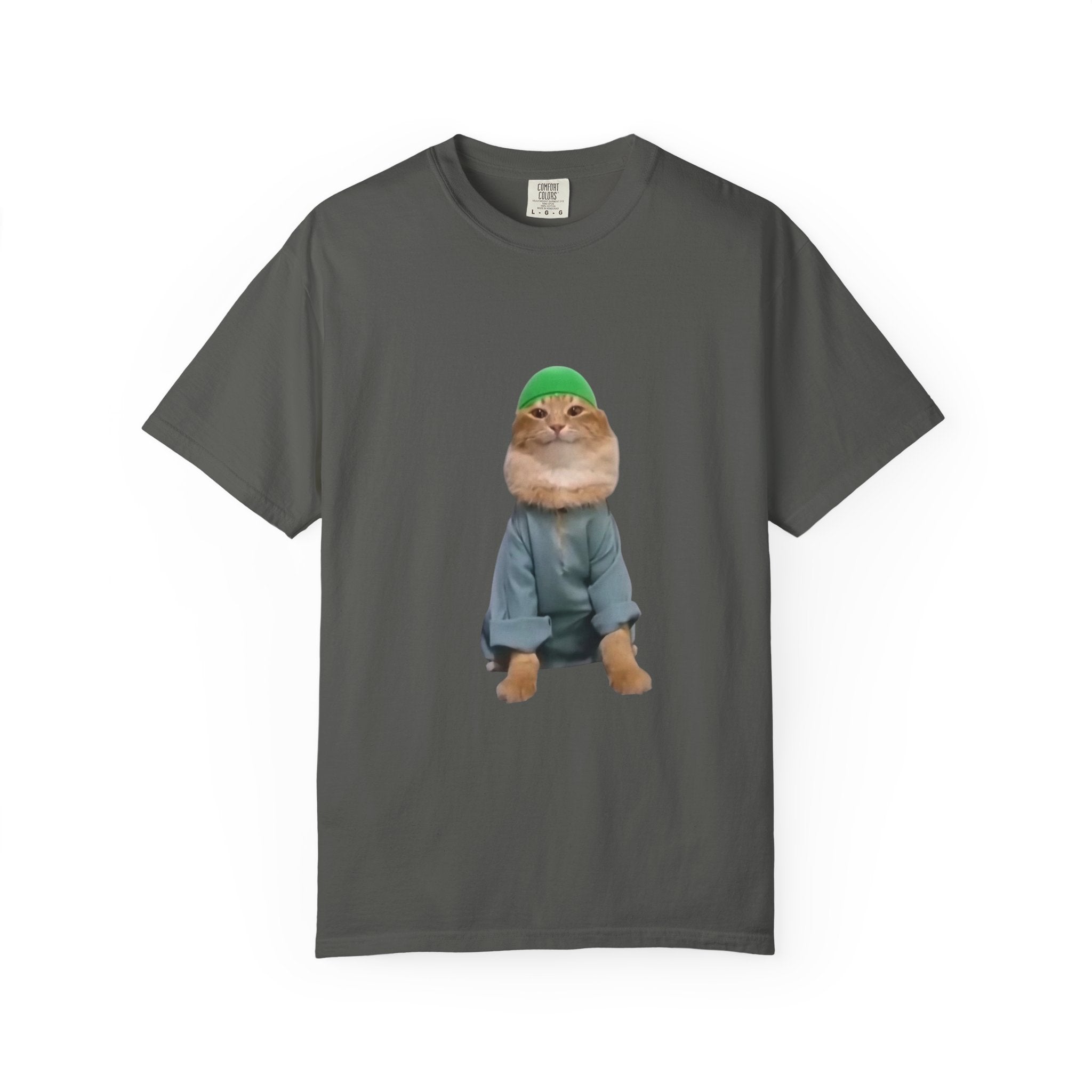 Gray t-shirt with a graphic of a cat wearing a green hat and blue outfit on a white background