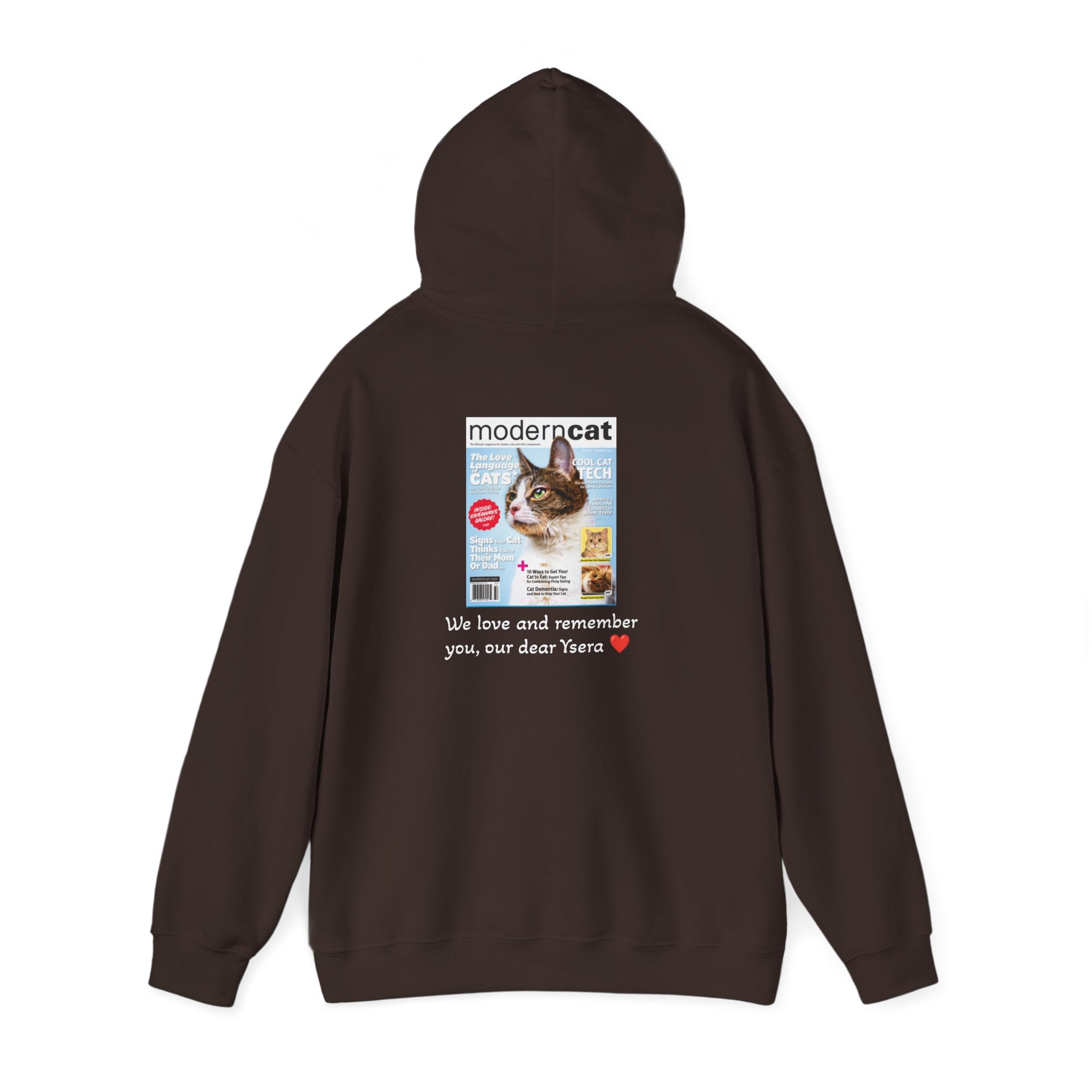 Brown hoodie with a magazine cover design on the back featuring a cat.
