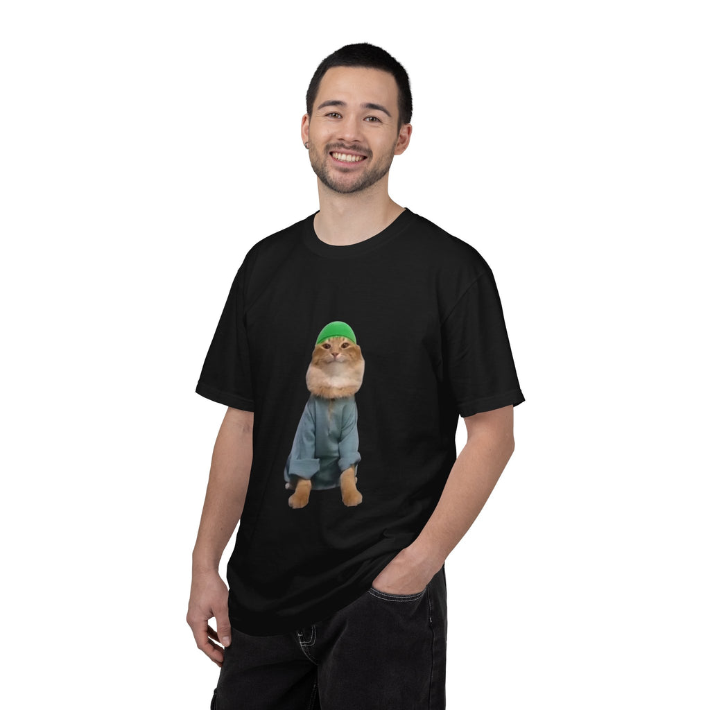 Person wearing a black t-shirt with a cartoon character on a white background