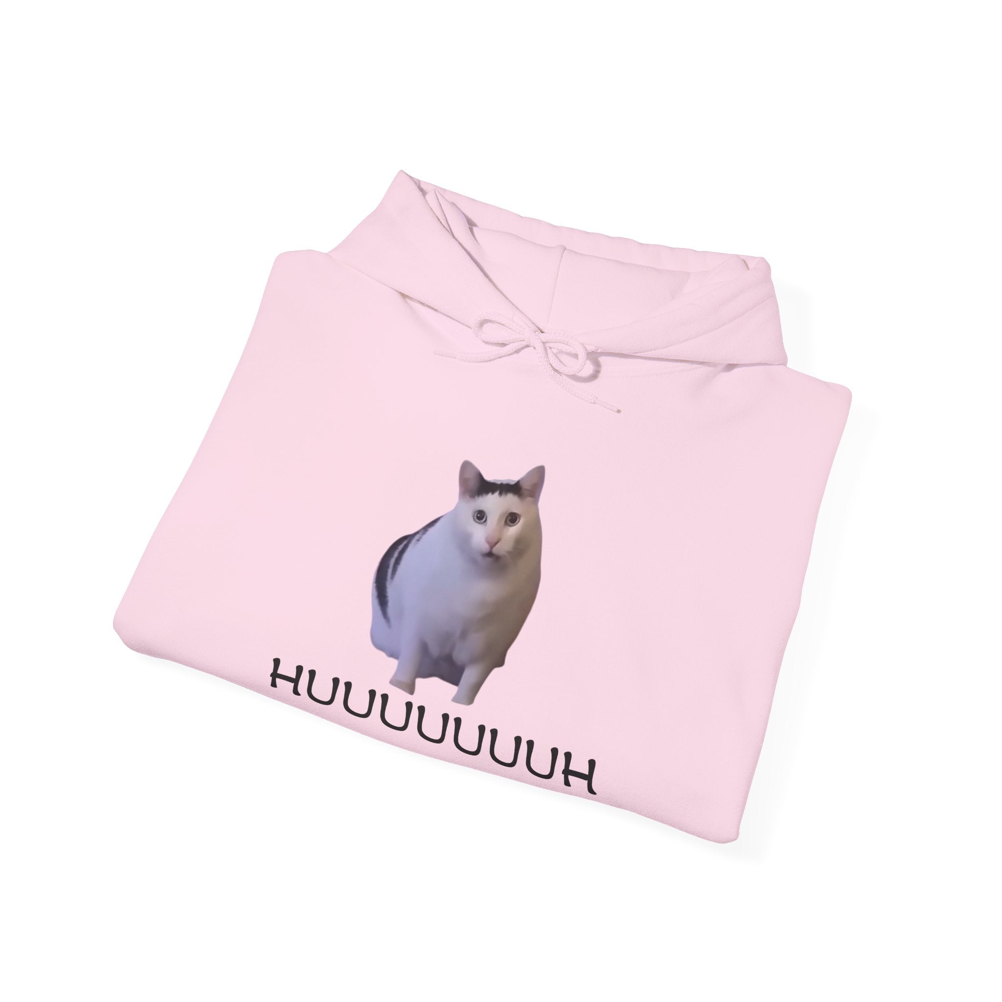Pink hoodie with a cat graphic and text on a white background