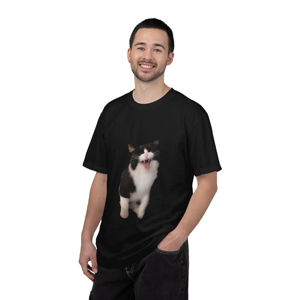 Man wearing a black t-shirt with a brown graphic and text on a white background