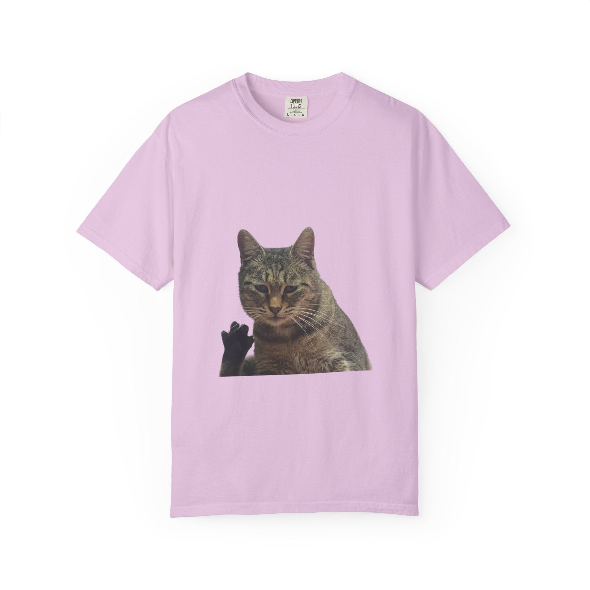 Pink t-shirt with a cat graphic on a white background
