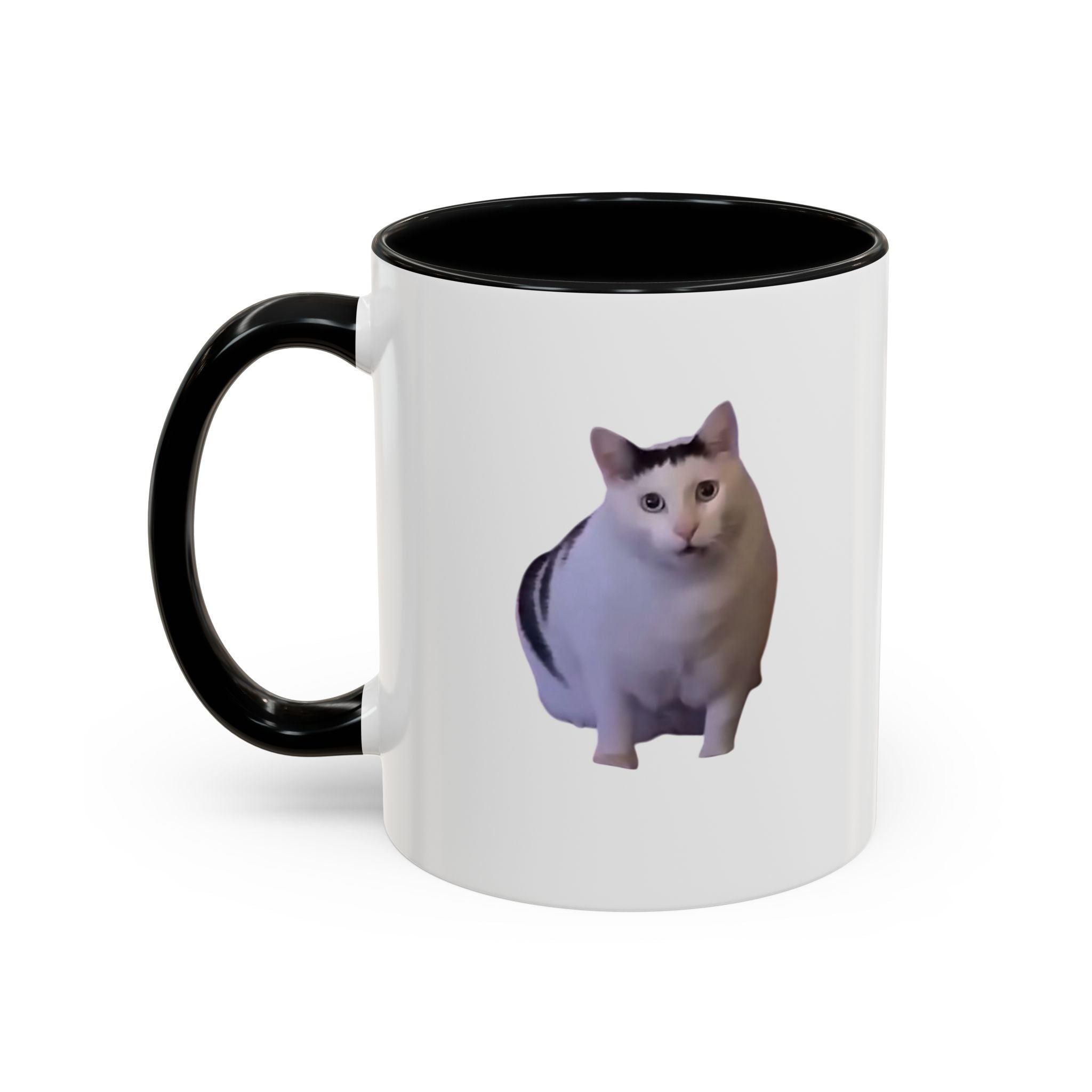 White mug with black handle featuring a cat design on a white background