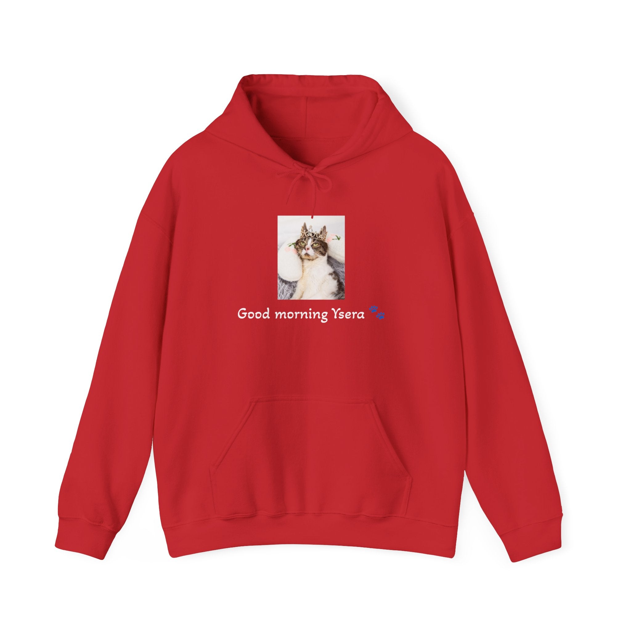 Red hoodie with a cat illustration and text on a white background