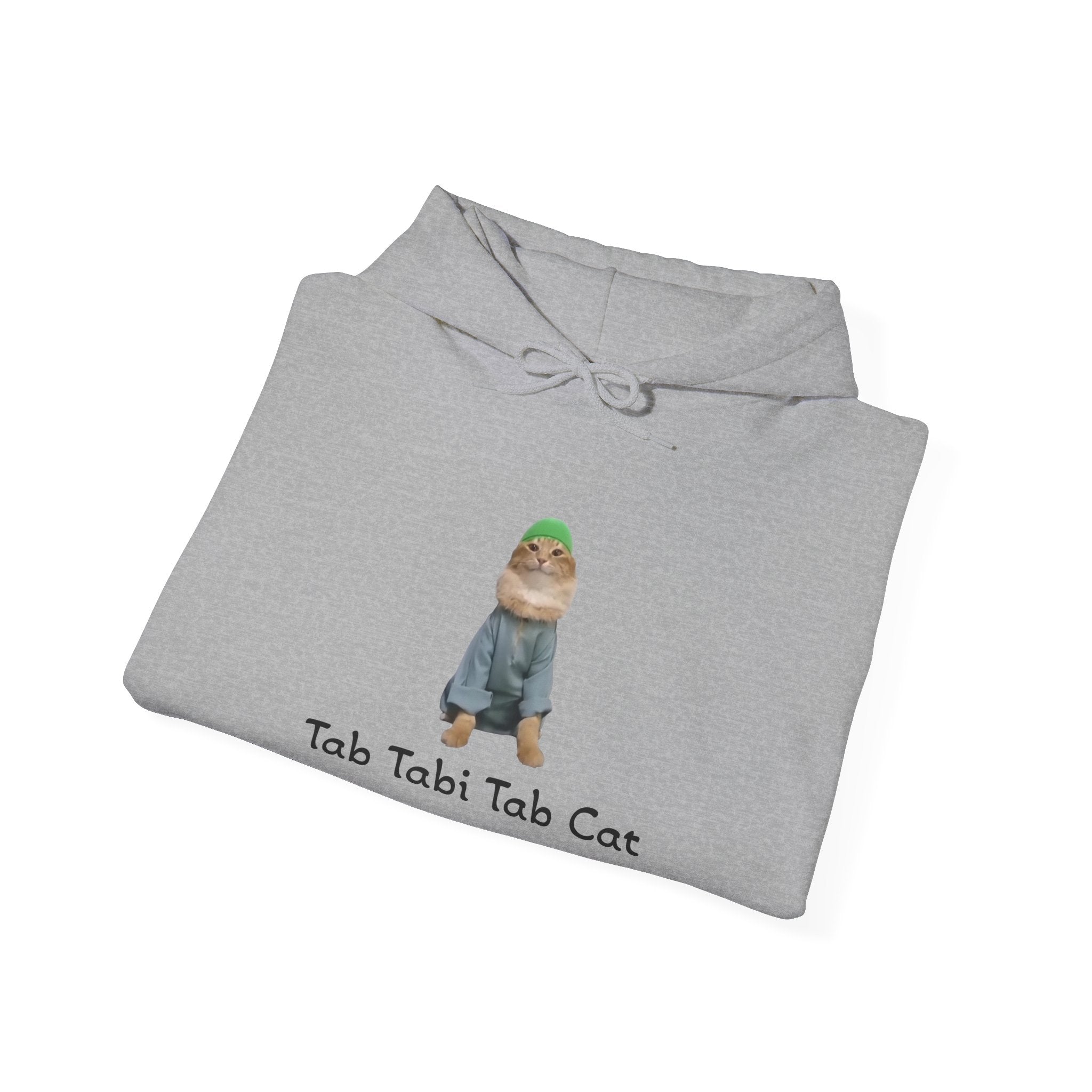 Folded gray hoodie with a cat graphic and text on a white background