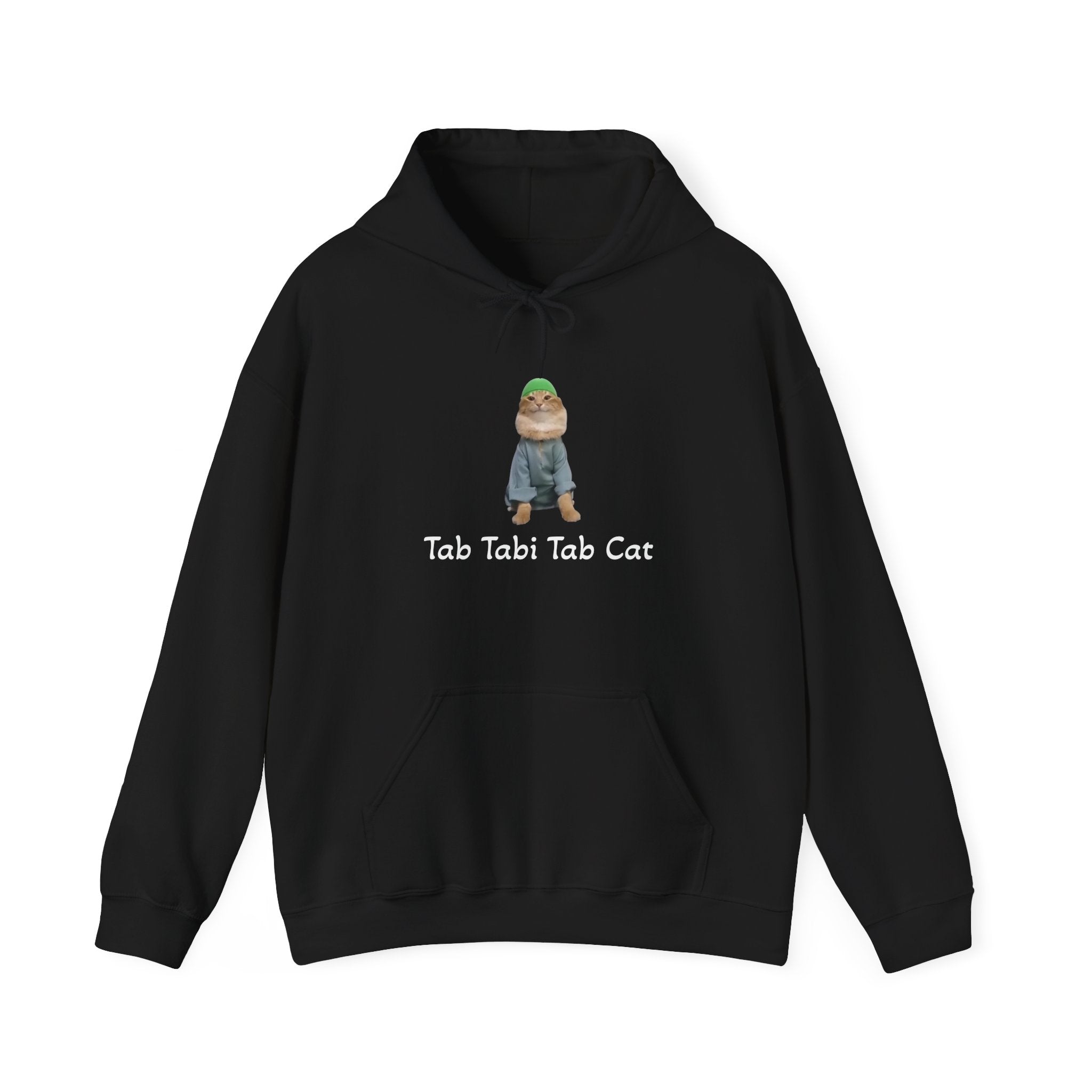 Black hoodie with a graphic of a cat and text 'Tab Tabi Tab Cat' on a white background