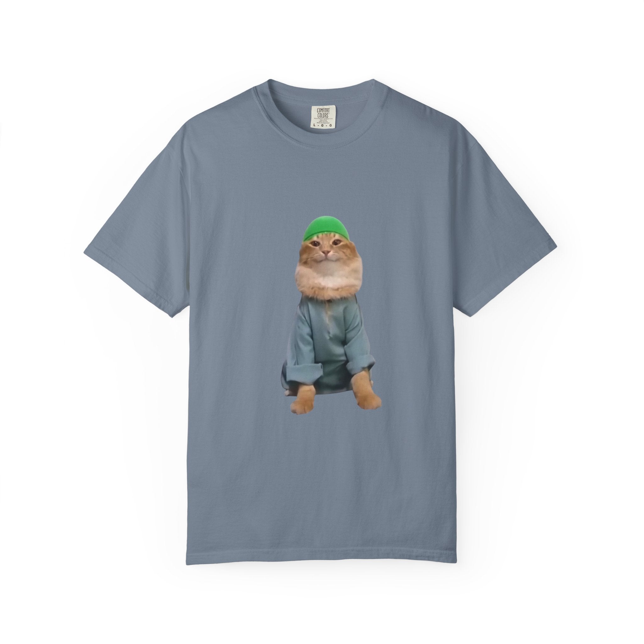 Gray t-shirt with a graphic of a cat wearing a green hat and blue outfit on a white background