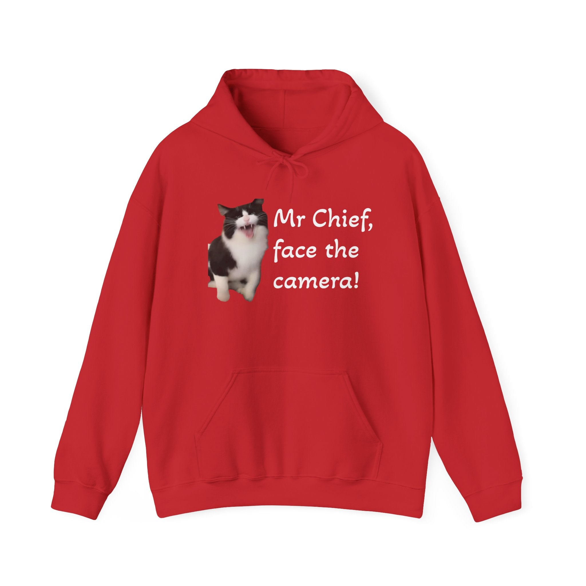 Red hoodie with a cat graphic and text on a white background