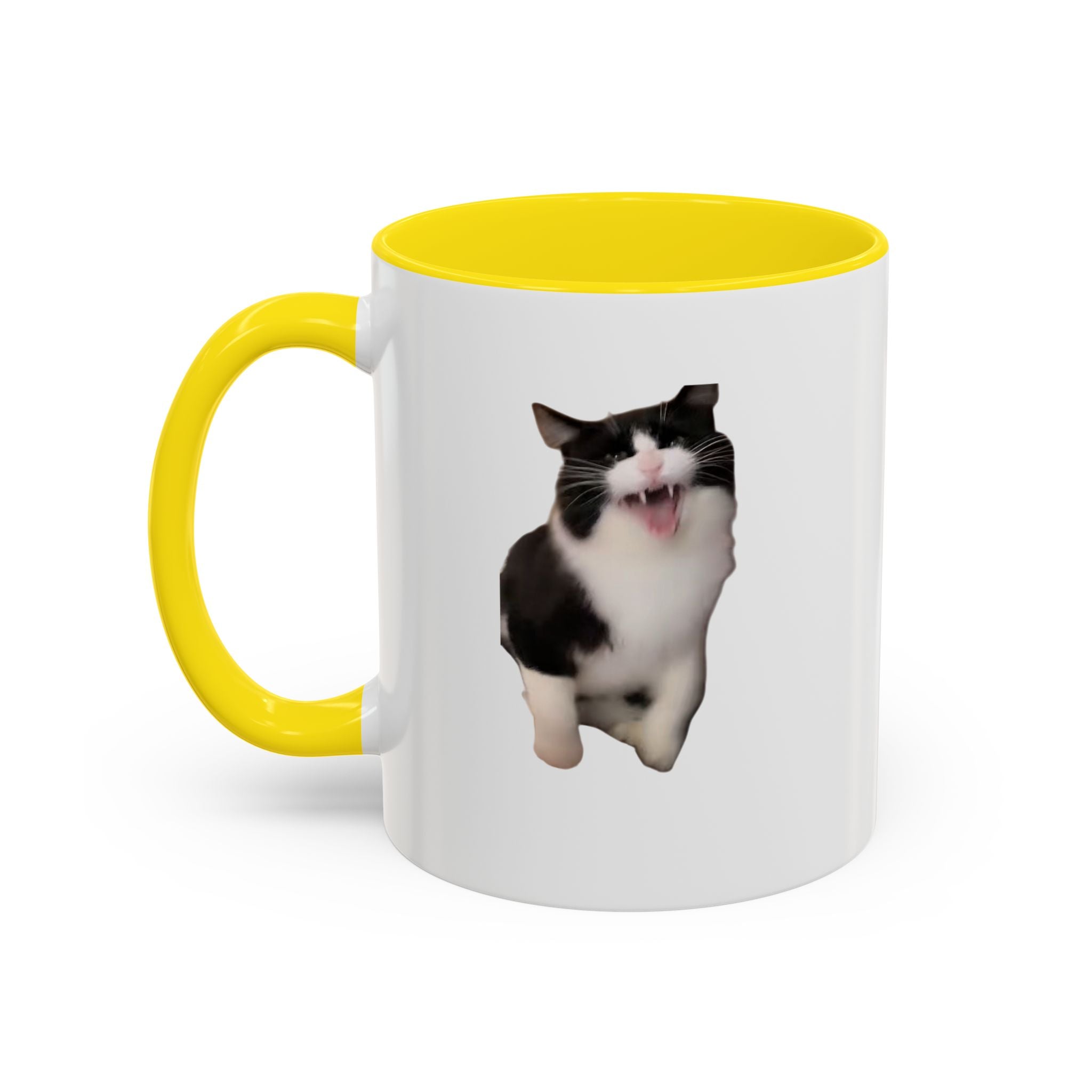 White mug with yellow handle featuring a cat design on a white background
