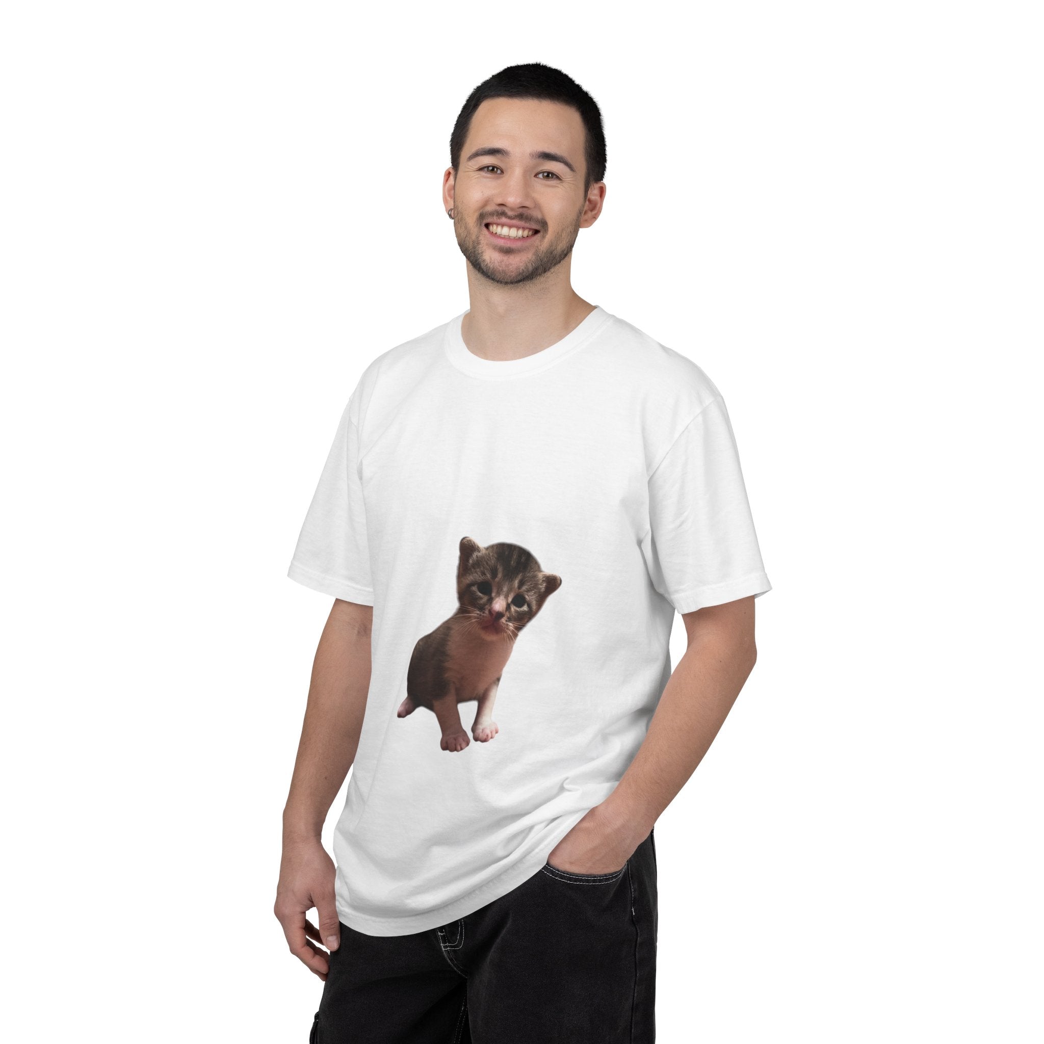 Man wearing a white t-shirt with a graphic of a bear on a white background